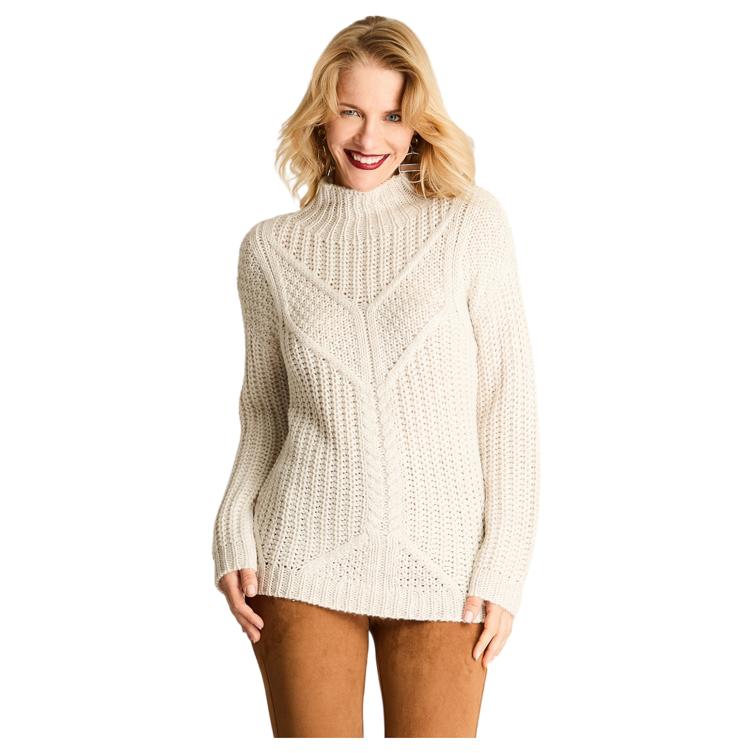 Sweater Manga Larga Con Diseño Trenzas Cuello Tortuga Beige-0