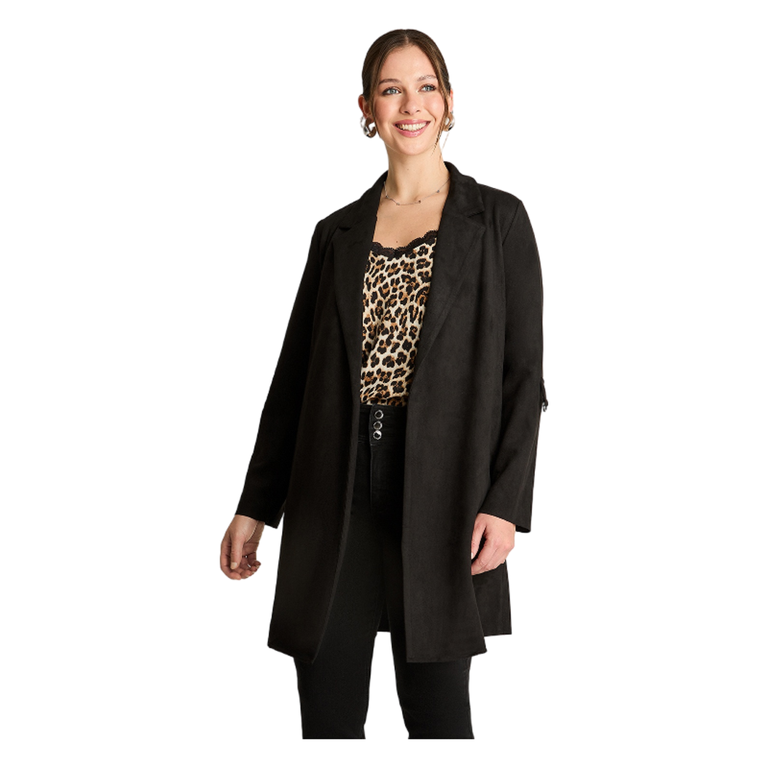 Chaqueta Manga Larga Tipo Tapado De Suede Manga Roll Up Negro-0