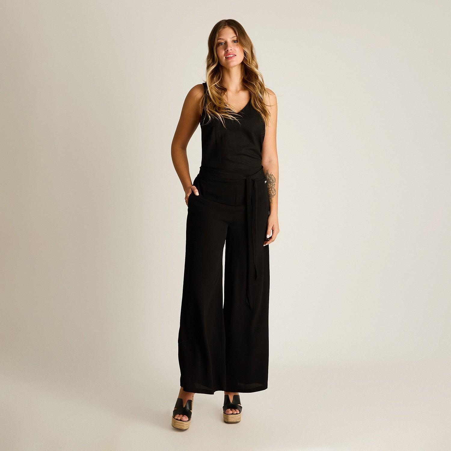 Pantalon Sport Negro Palazzo No Elasticado Calce Normal-3