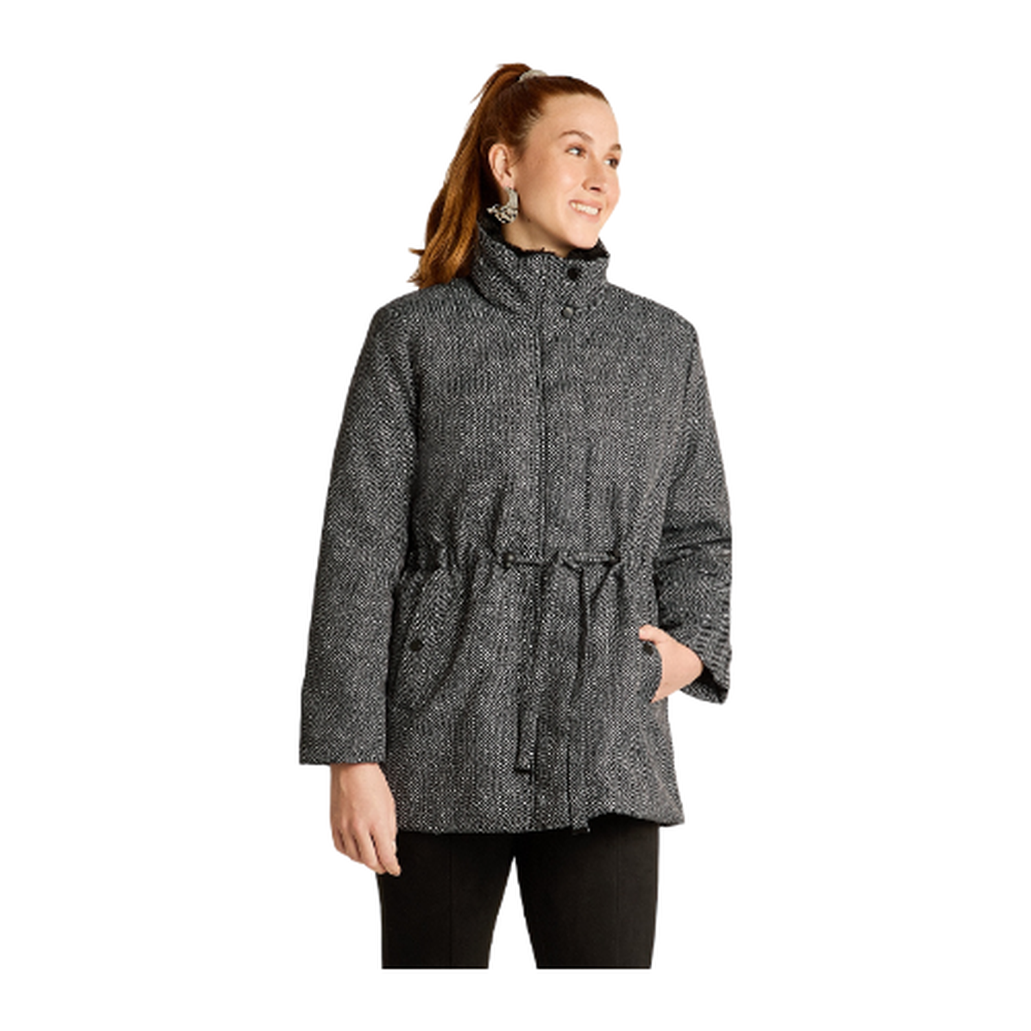 Parka Negra con Estampado Espiga y Cordón en Cintura-0