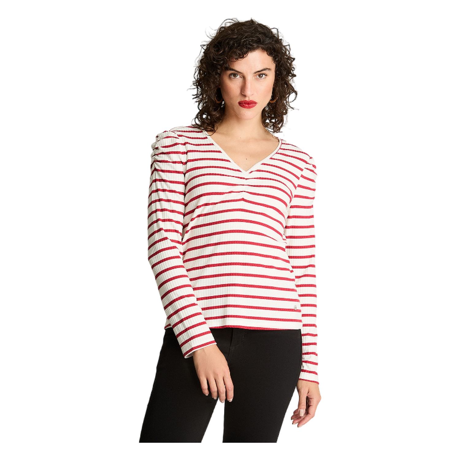 Polera Rib Cuello Fruncido Y Mangas Recogidas Rojo-0