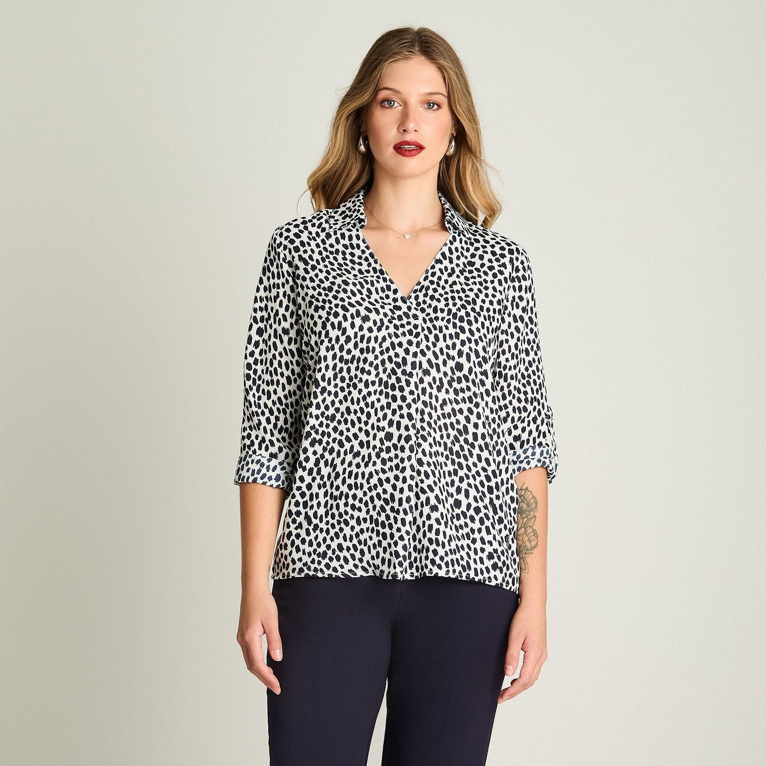 Blusa Manga Larga Satin Cuello Camisero Azul-0