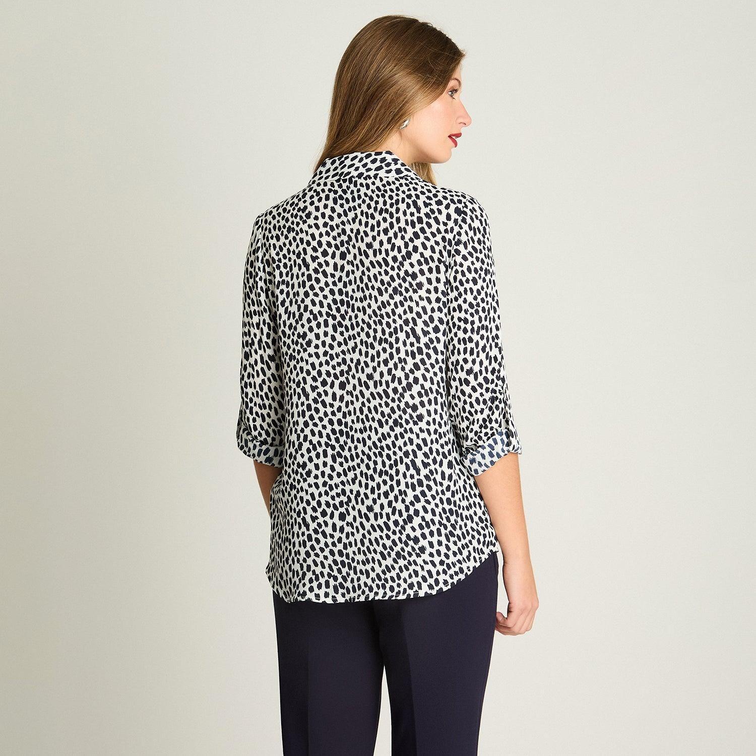 Blusa Manga Larga Satin Cuello Camisero Azul-1