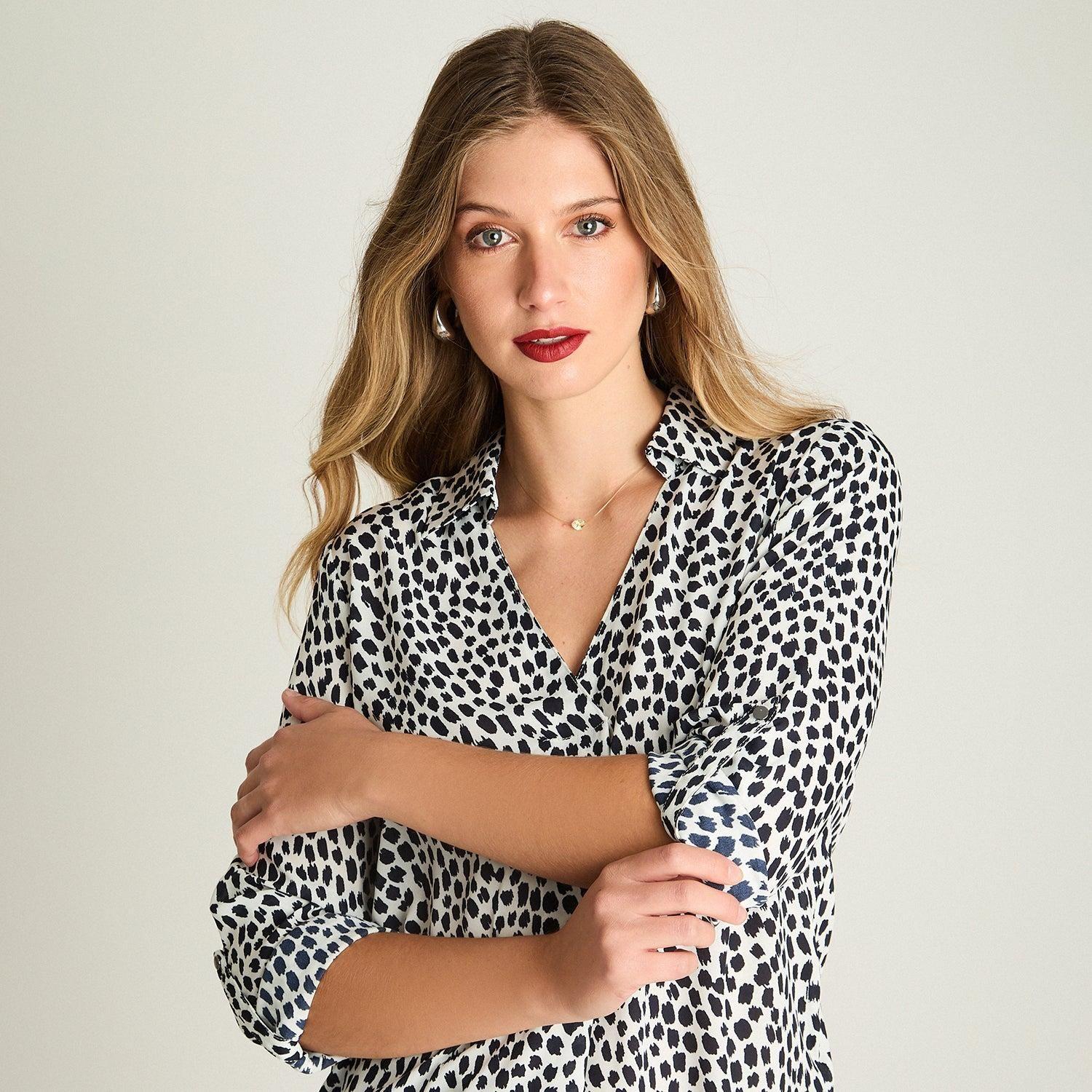 Blusa Manga Larga Satin Cuello Camisero Azul-2