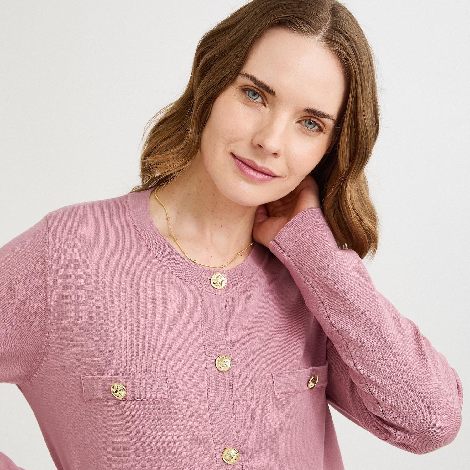 Cardigan Escote Redondo con Bolsillos Falsos Rosado-2