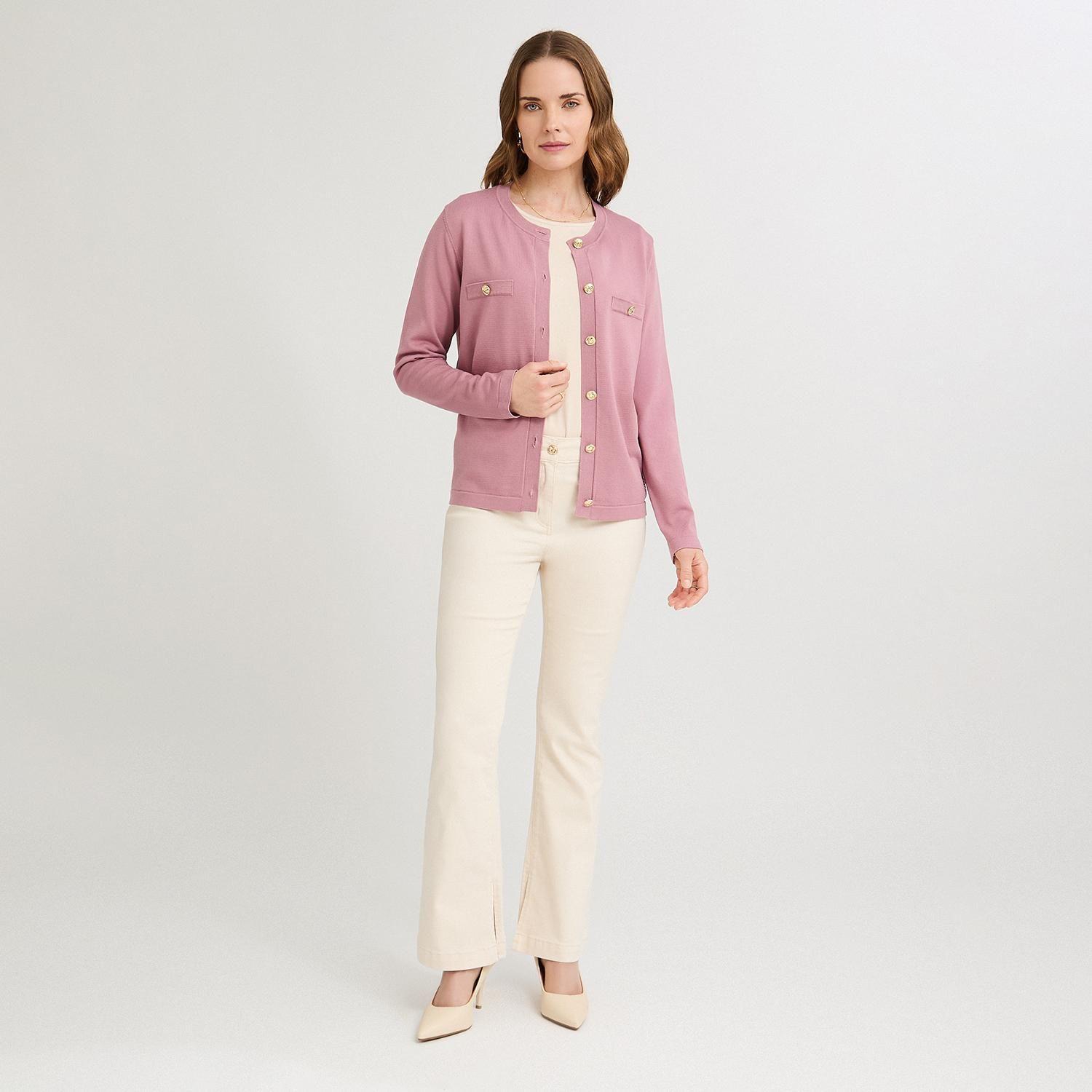 Cardigan Escote Redondo con Bolsillos Falsos Rosado-3