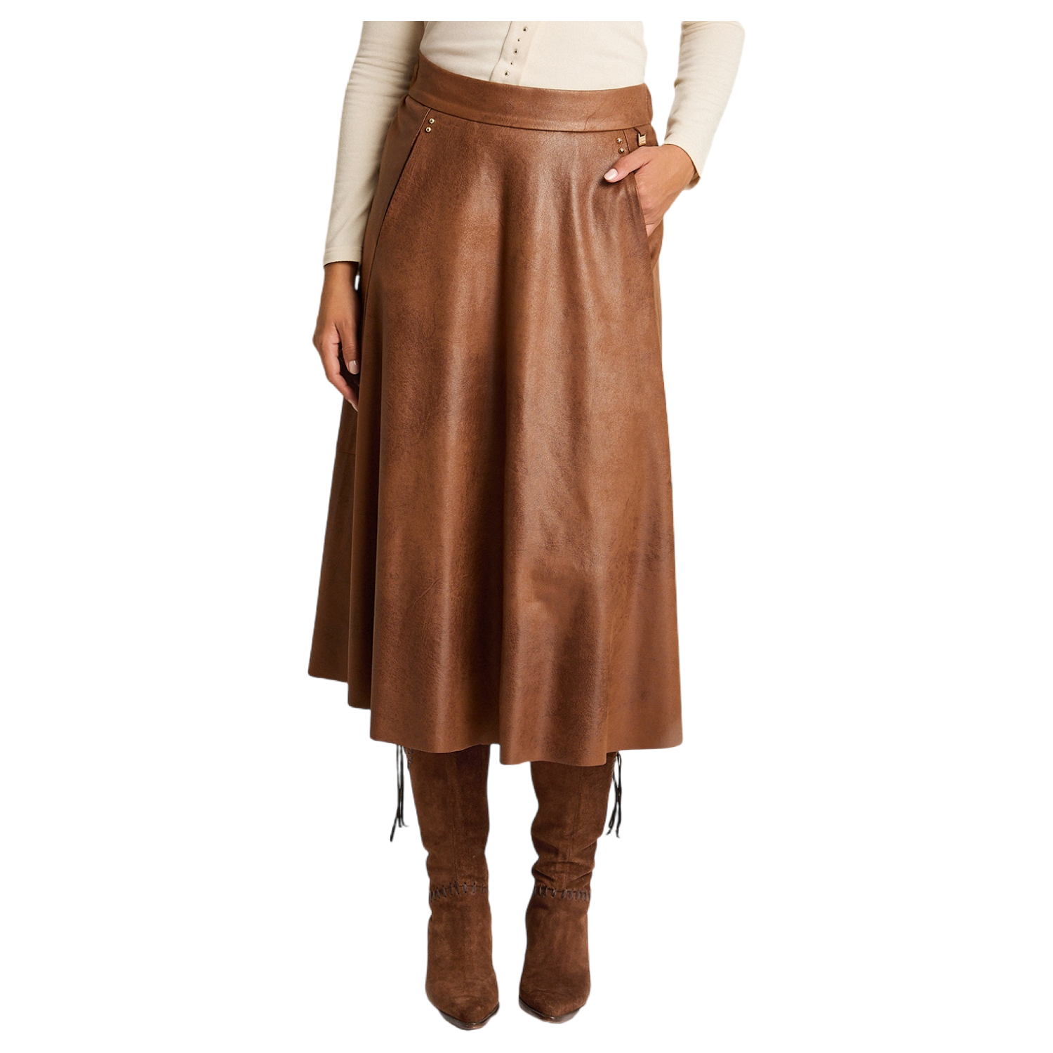 Falda Midi Camel en Suede con Aplicaciones Metálicas-0