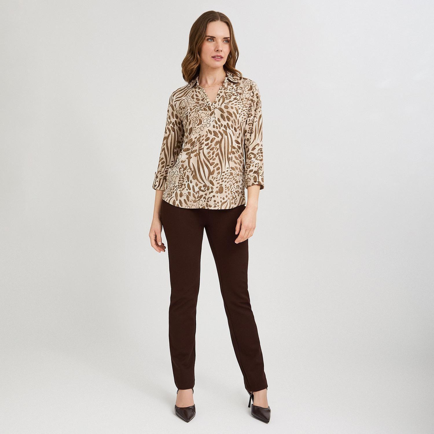 Polera Manga 3/4 Cuello Camisero Estampada Beige-3