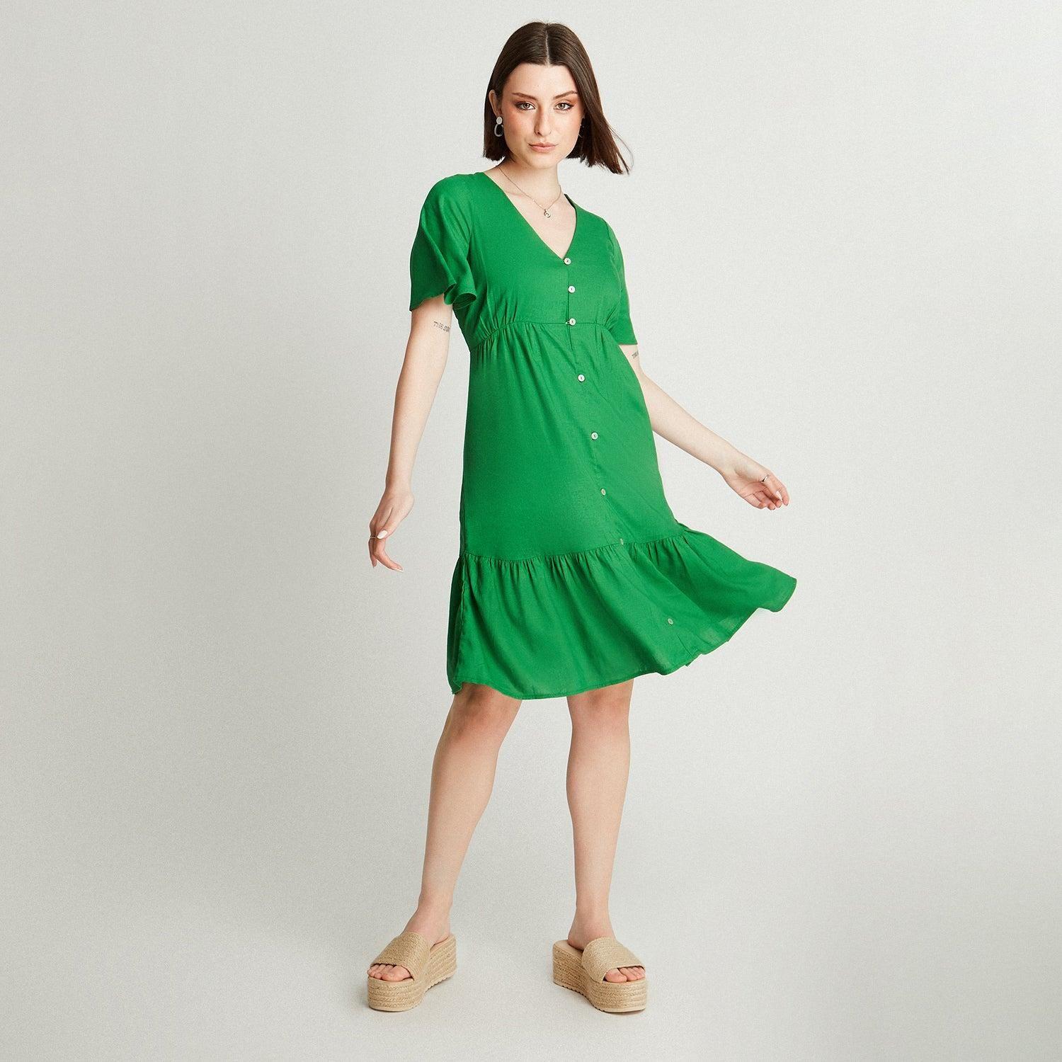 Vestido De Lino Verde Escote V Con Botones-3