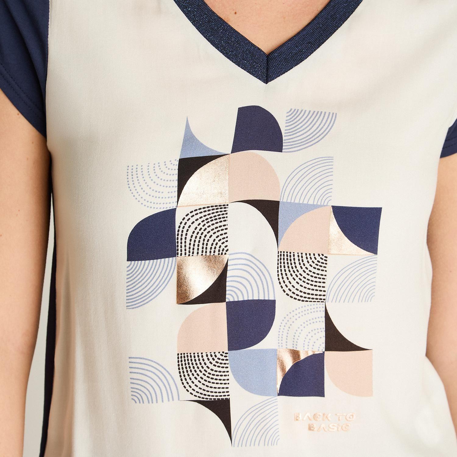 Polera Índigo Mix Fabric con Print Frontal y Cuello en Lurex-2