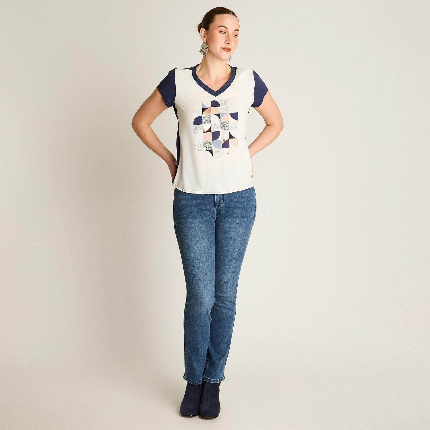 Polera Índigo Mix Fabric con Print Frontal y Cuello en Lurex-3