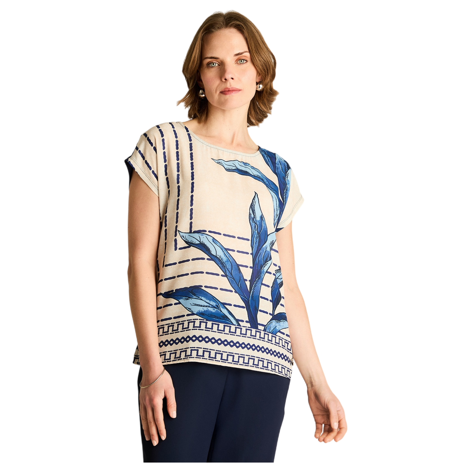 Polera Azul Estilo Geométrico con Hojas-0