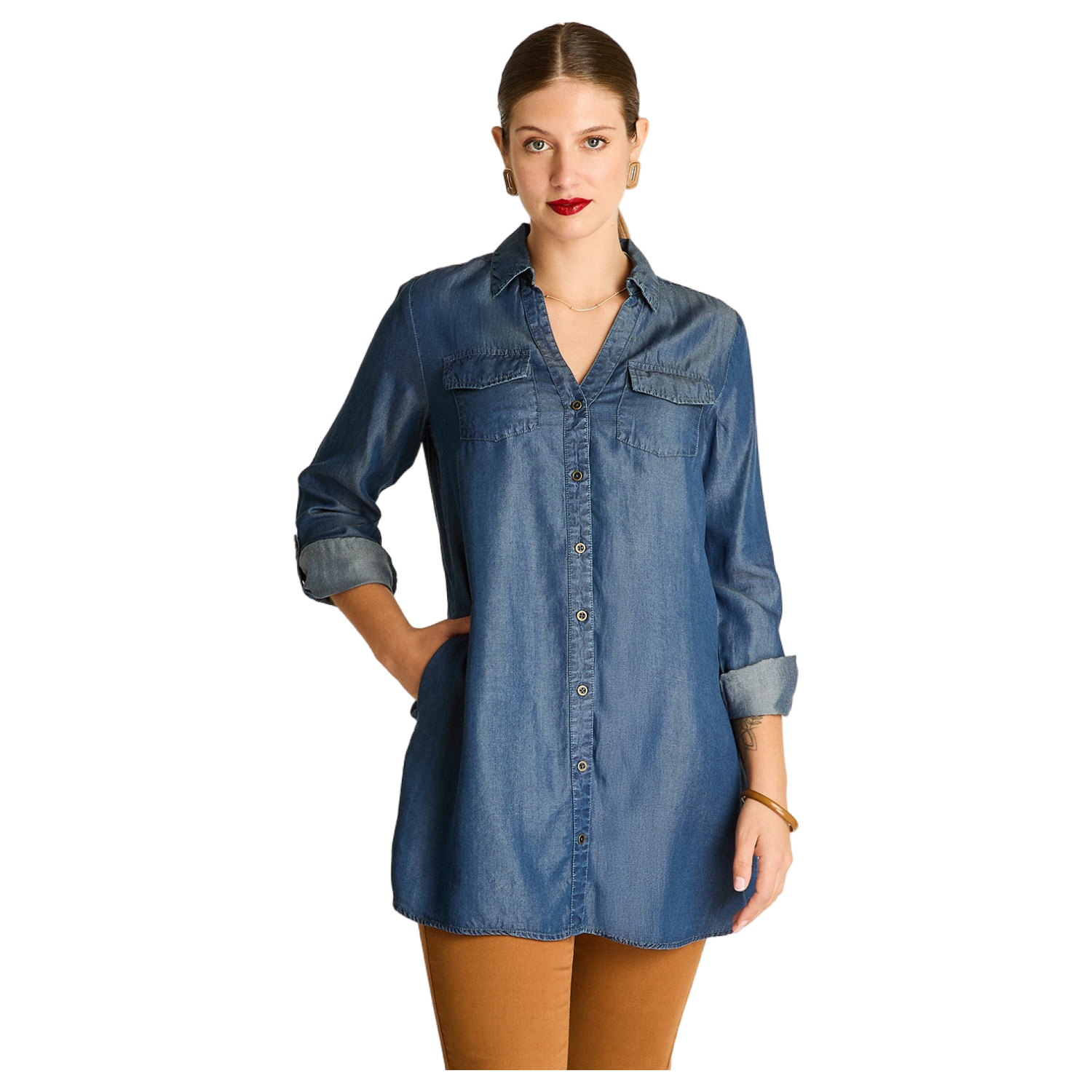 Blusón Lyocell Look Denim Manga Larga Roll Up-0