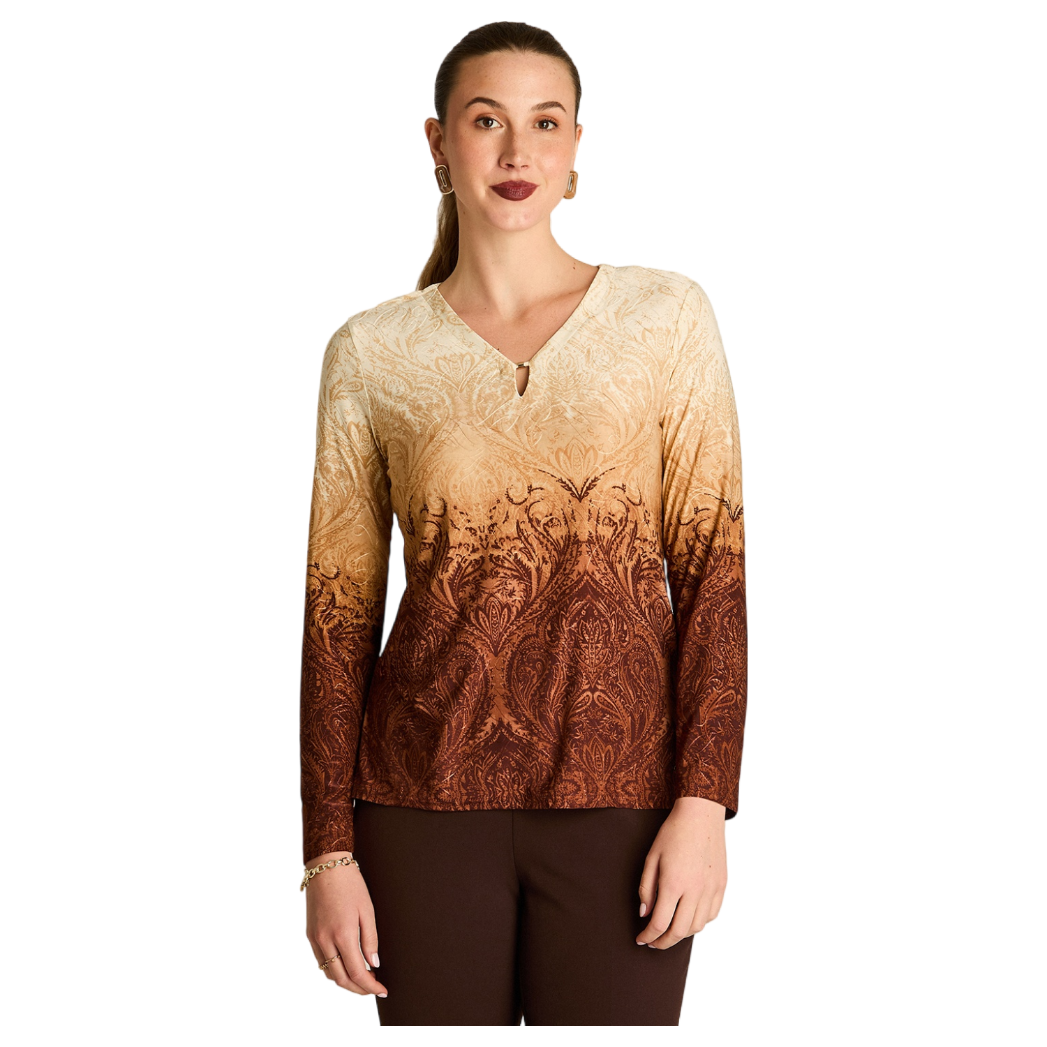 Polera Beige Estampada Manga Larga con Detalles en el Escote-0