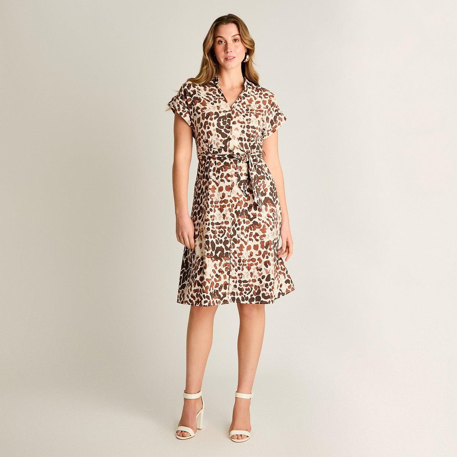Vestido Midi Lino Estampado Animal Print Café-3