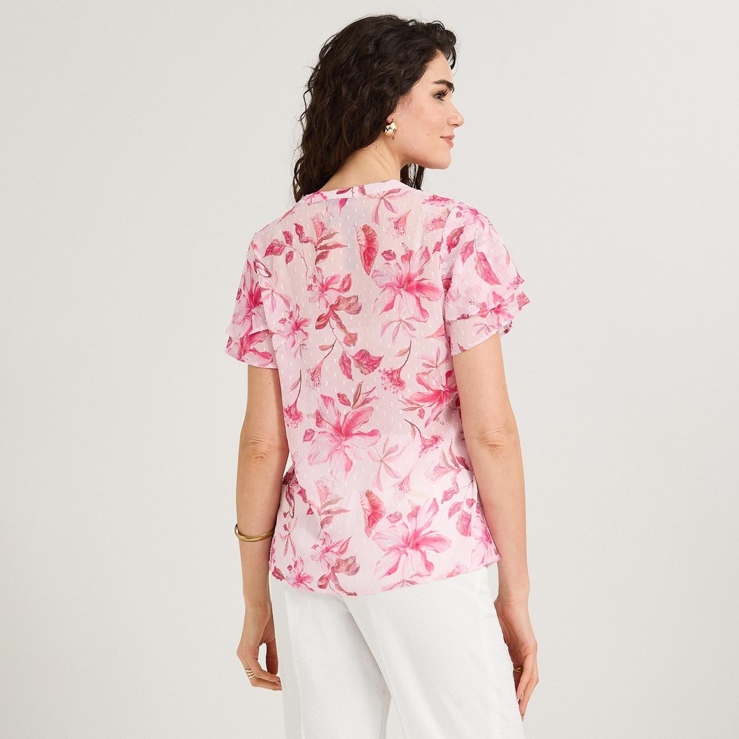 Blusa Manga Corta Aplicación en Escote Fucsia-1