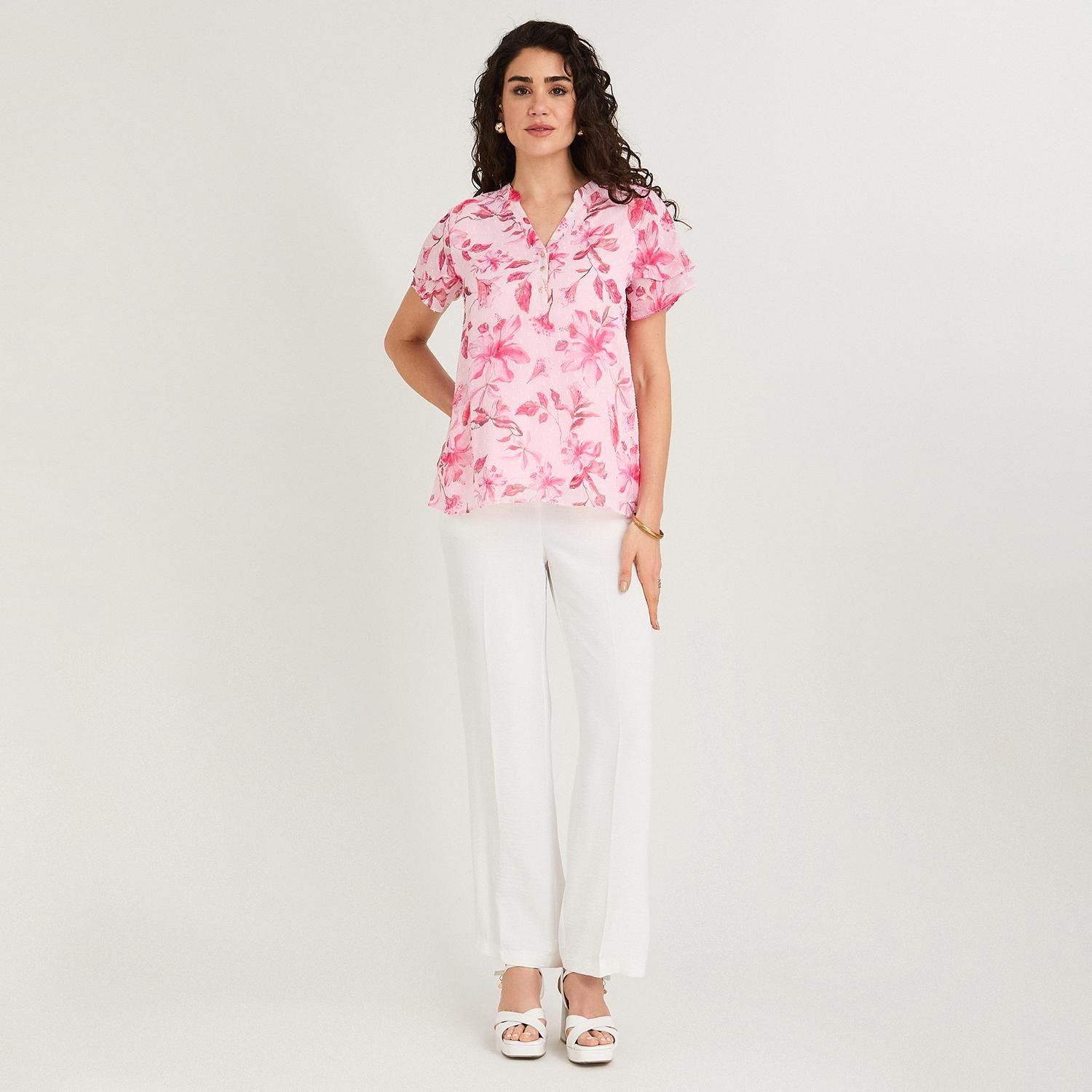 Blusa Manga Corta Aplicación en Escote Fucsia-3