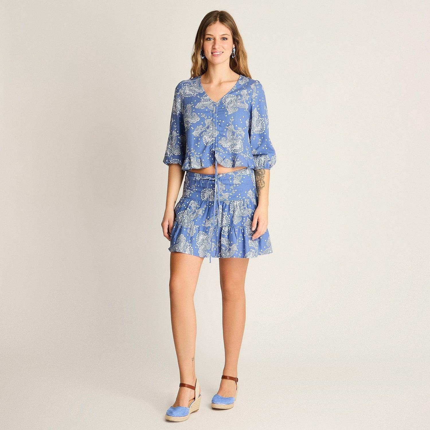 Falda Corta Azul Estampado Mediterráneo-3