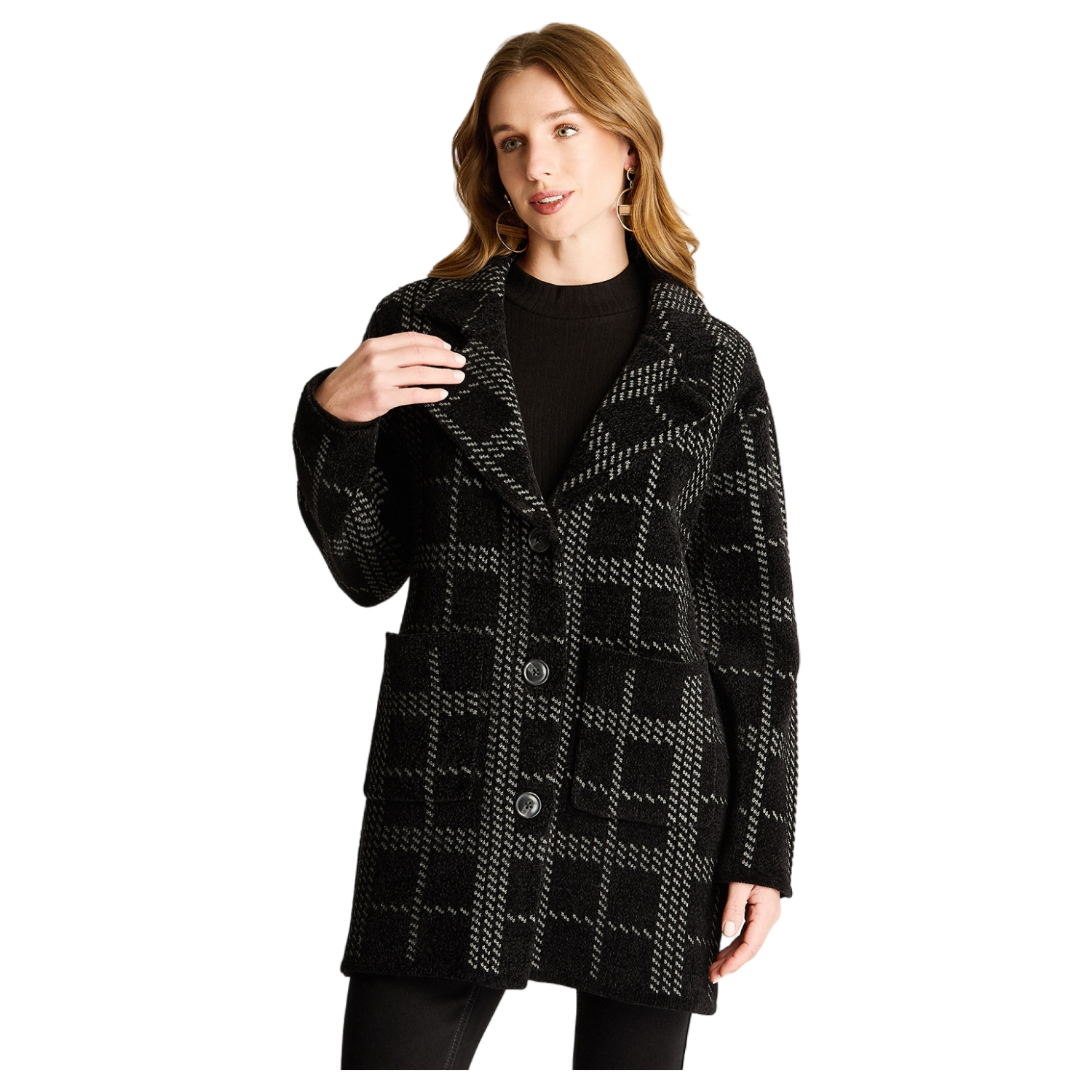 Abrigo Tejido Chenille Con Bolsillos Negro-4