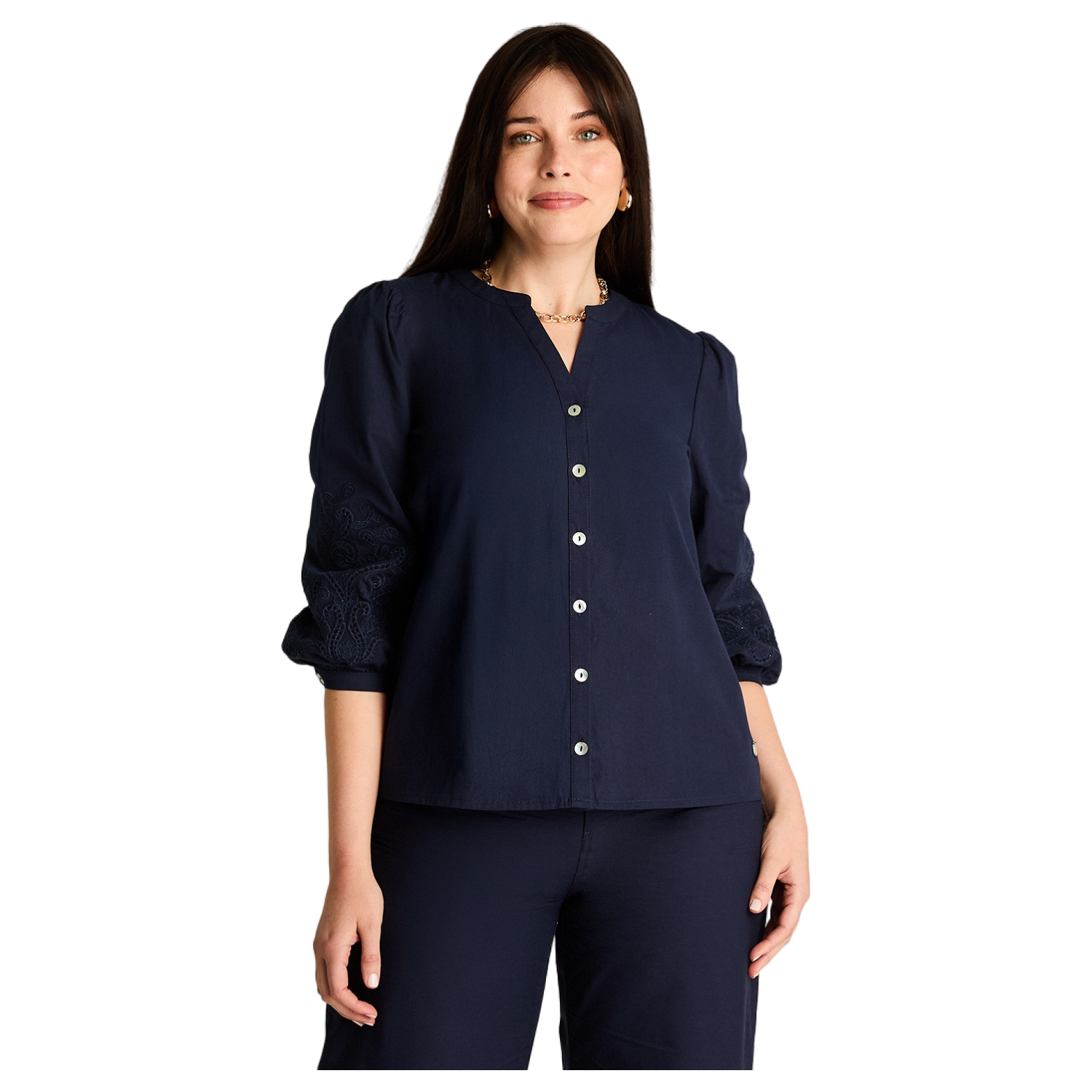 Blusa Azul Manga 3/4 No Elasticado Sin Forro Calce Normal-0