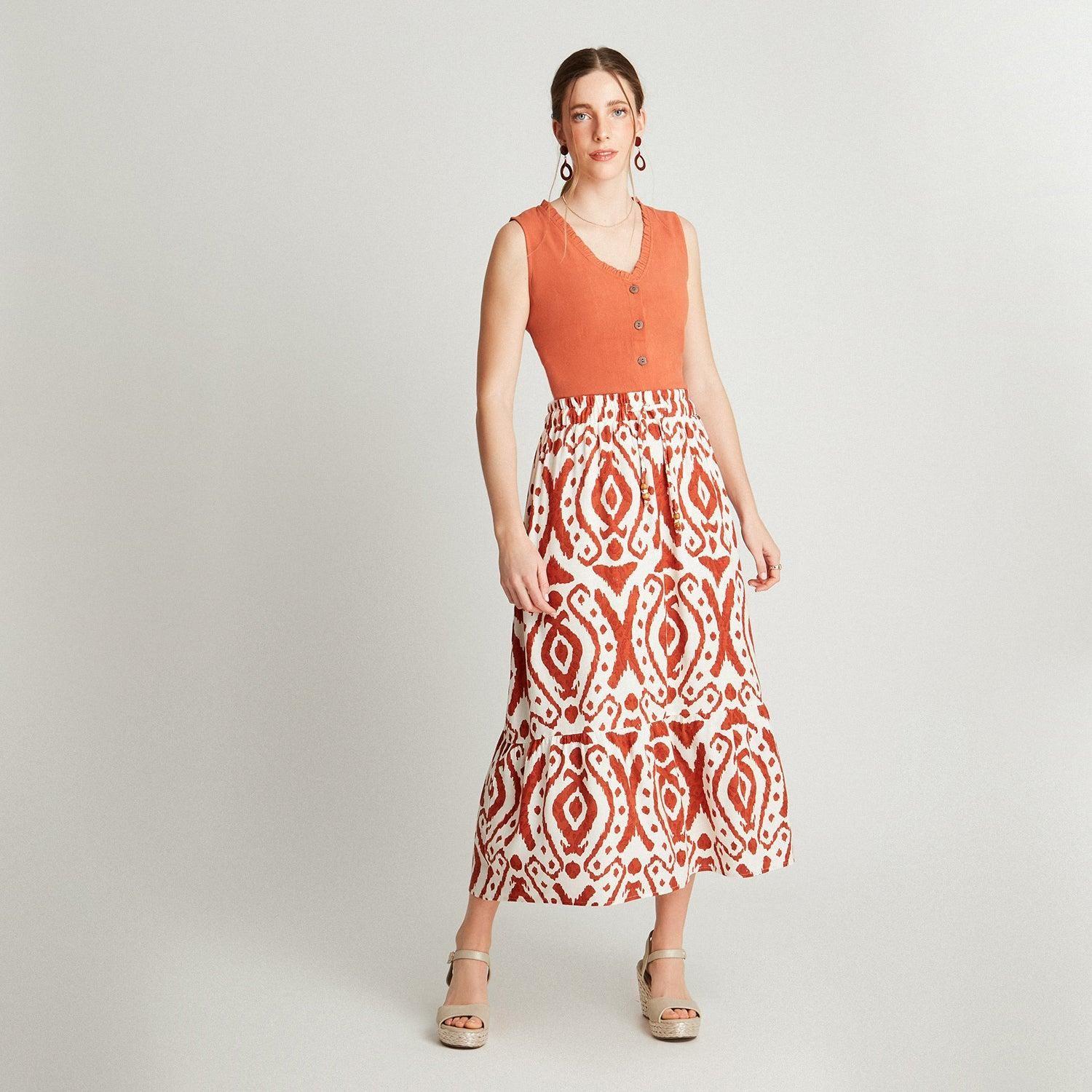 Falda Terracota Largas Estampado Acampanada-3
