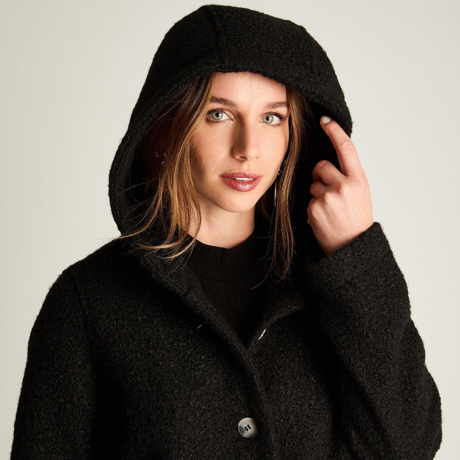 Abrigo Buclé Manga Larga Con Gorro Negro-1