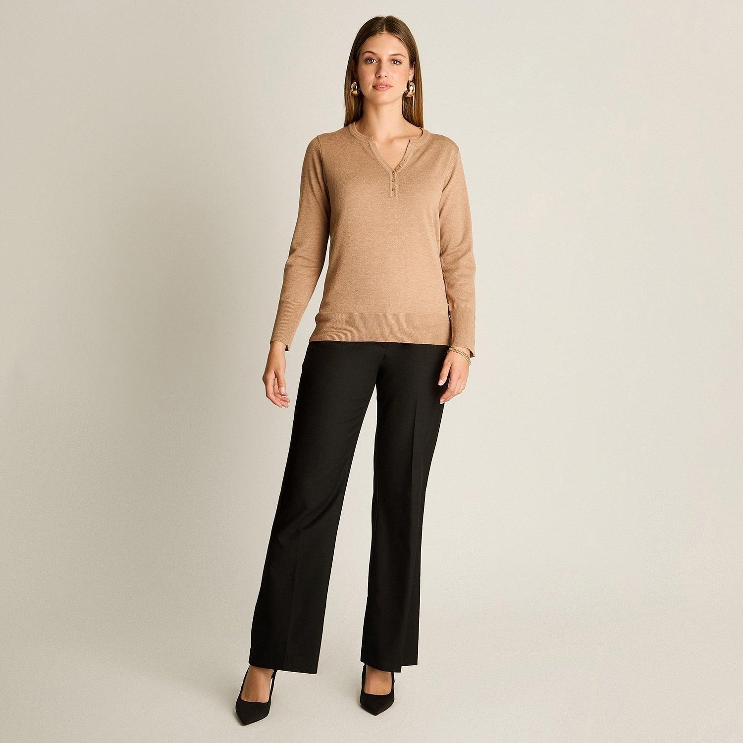 Sweater Camel Escote Mao con Botones en Manga-3