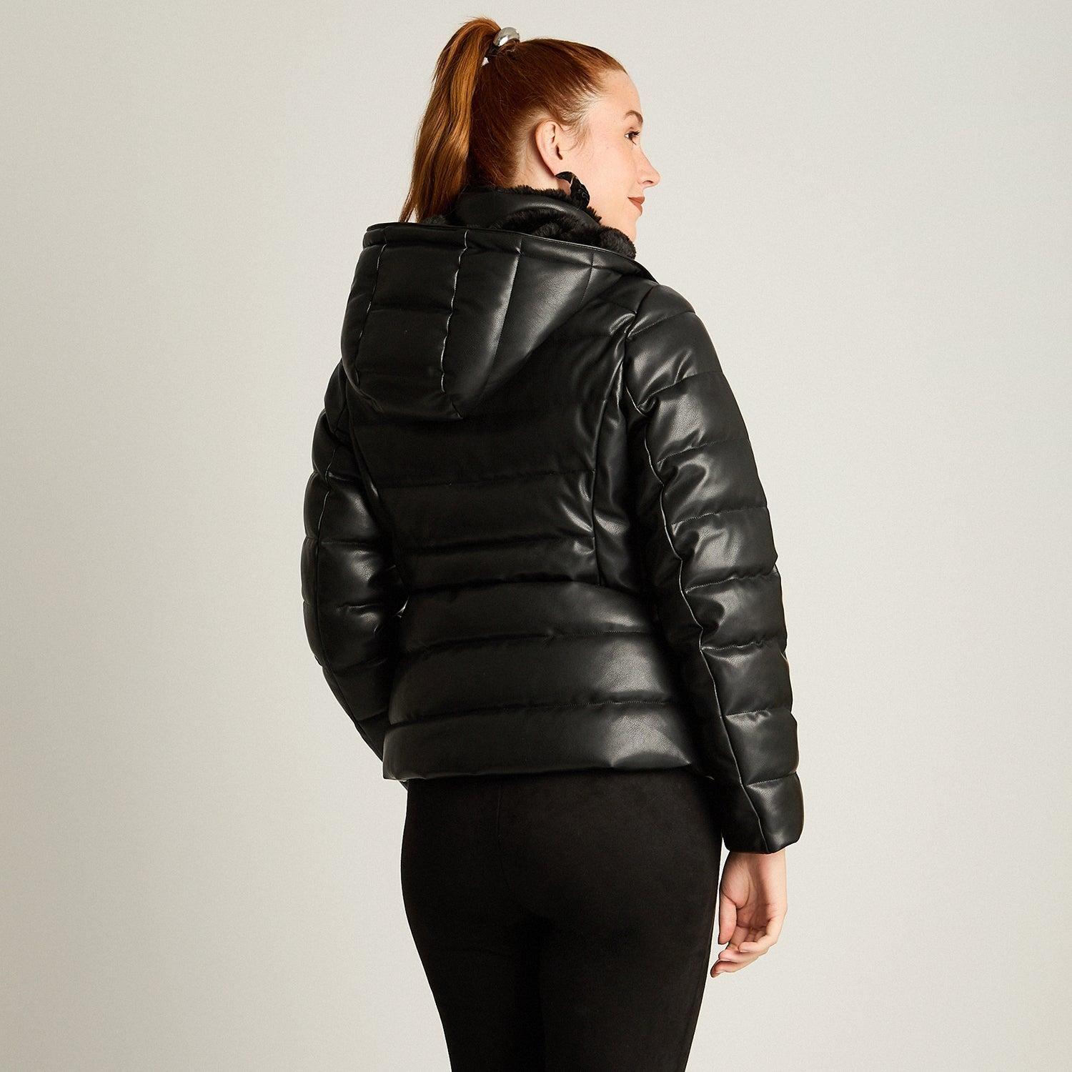 Parka Negro Manga Larga Elasticidad Nula Con Forro Calce Normal Tela Eco Cuero-1