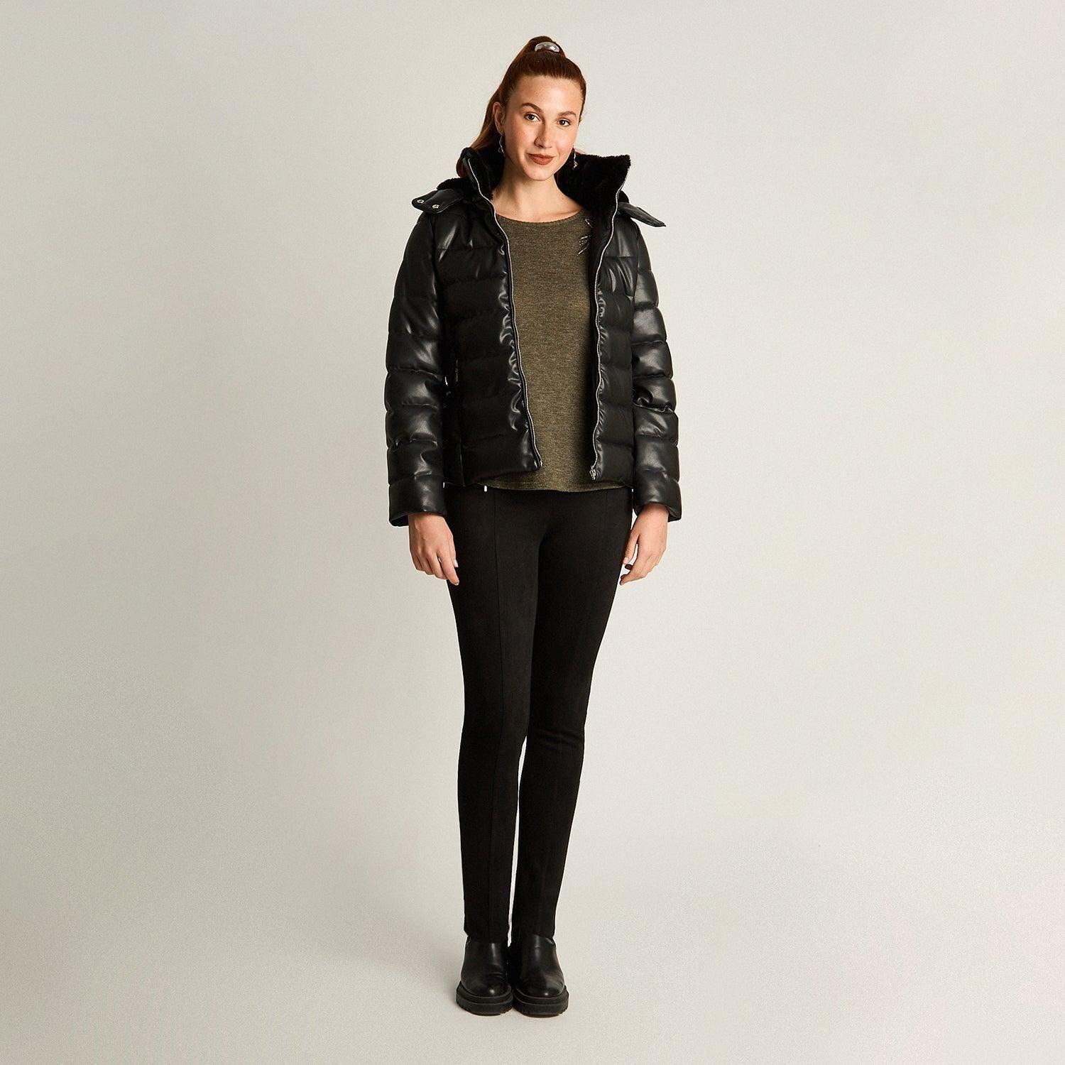 Parka Negro Manga Larga Elasticidad Nula Con Forro Calce Normal Tela Eco Cuero-3