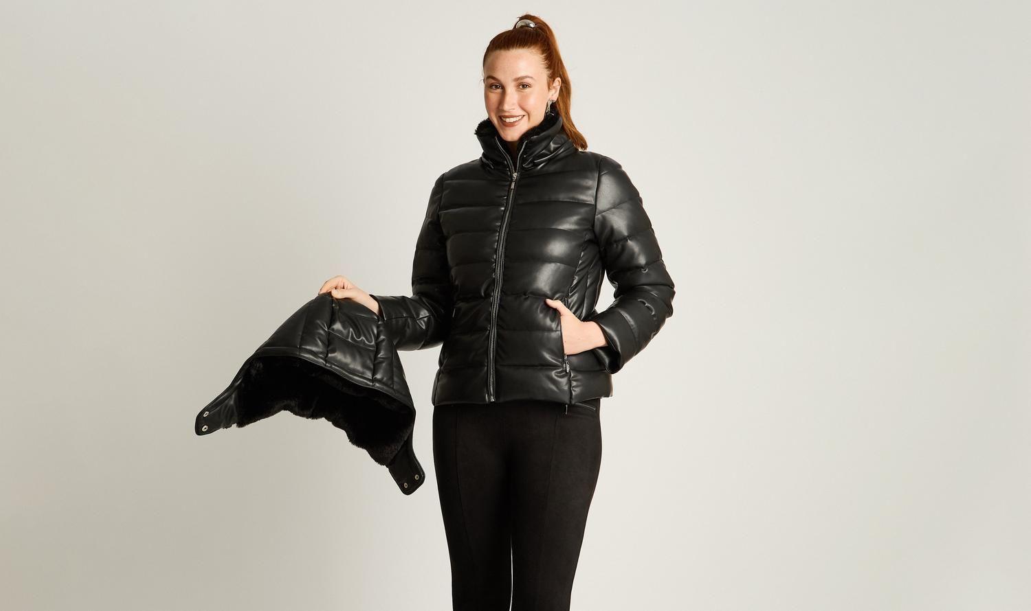 Parka Negro Manga Larga Elasticidad Nula Con Forro Calce Normal Tela Eco Cuero-4