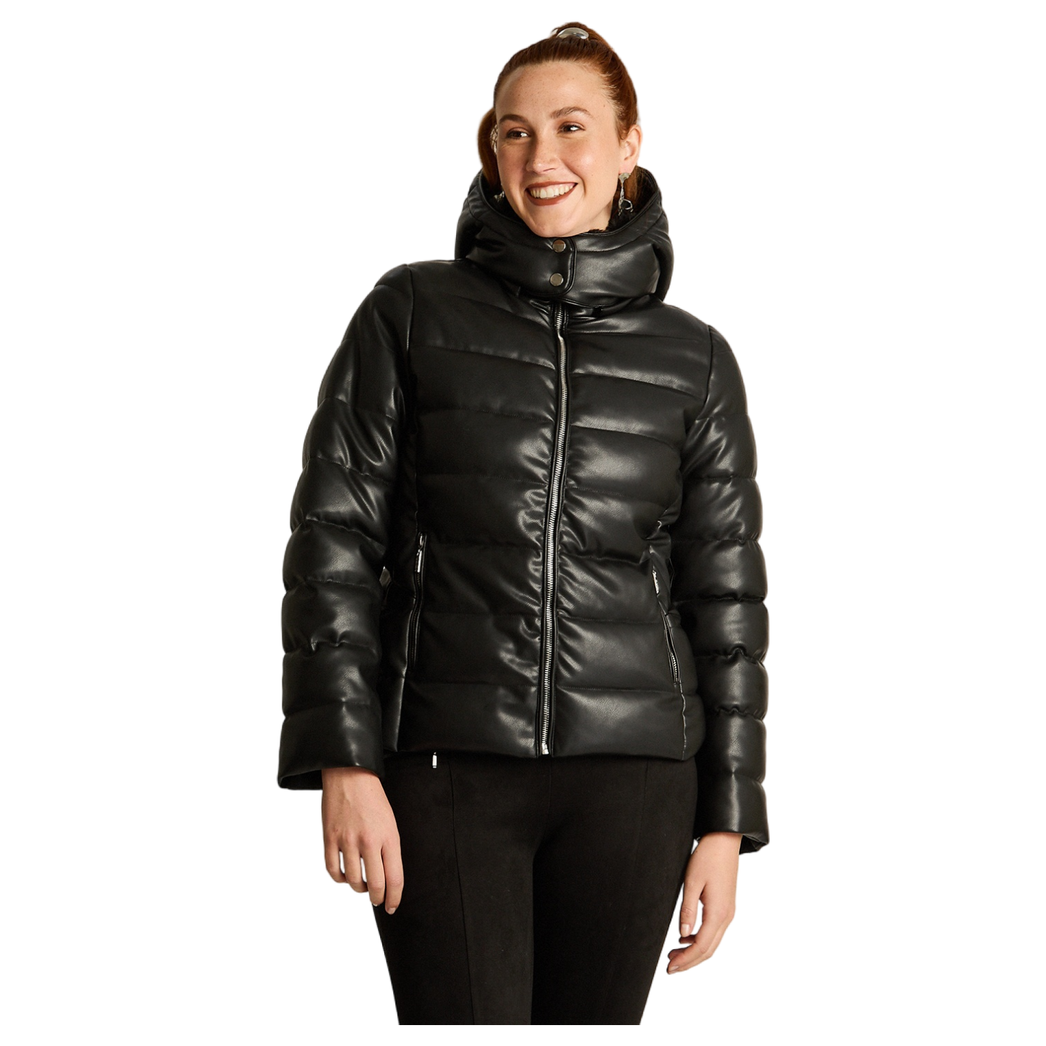 Parka Negra de Ecocuero con Diseño Quilted y Gorro-0