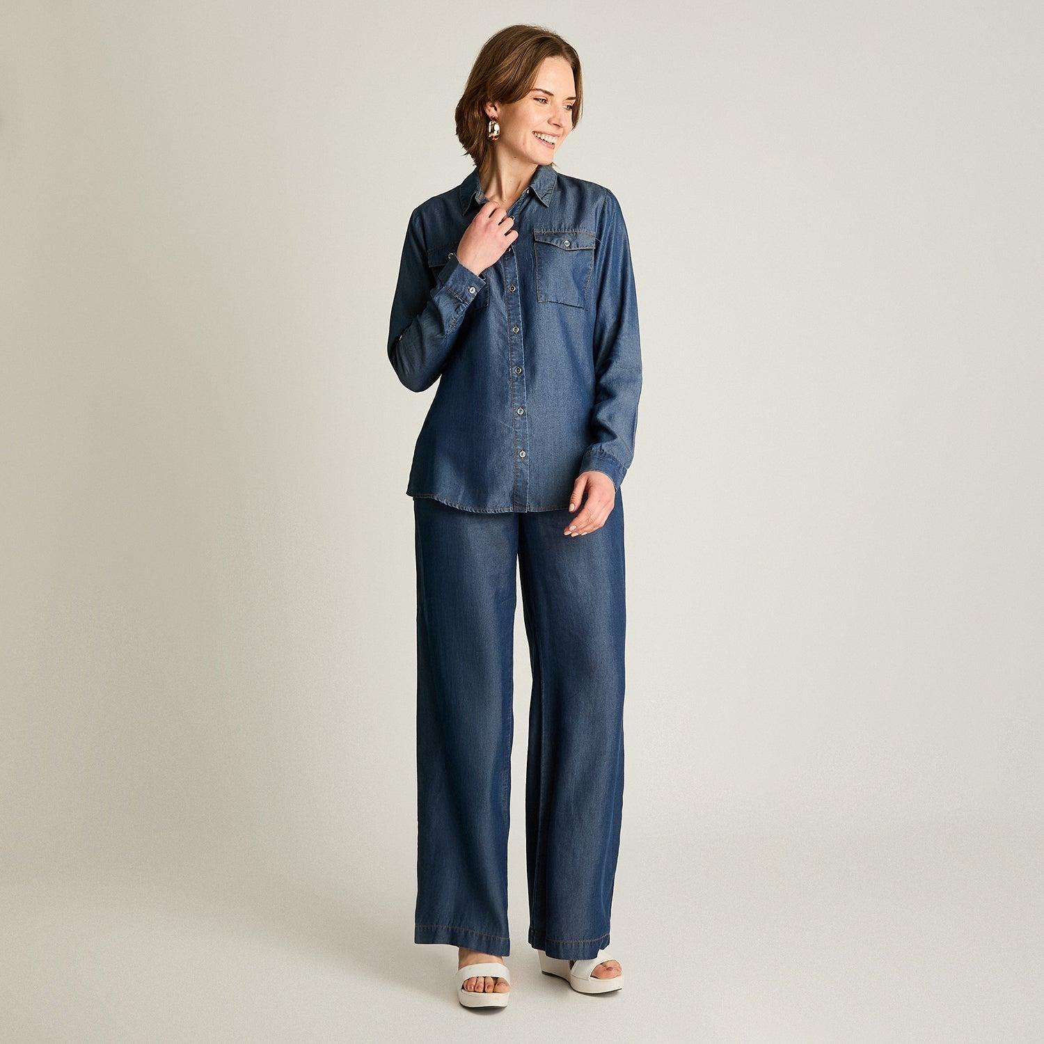Blusa Azul Estilo Camisero en Lyocell-3