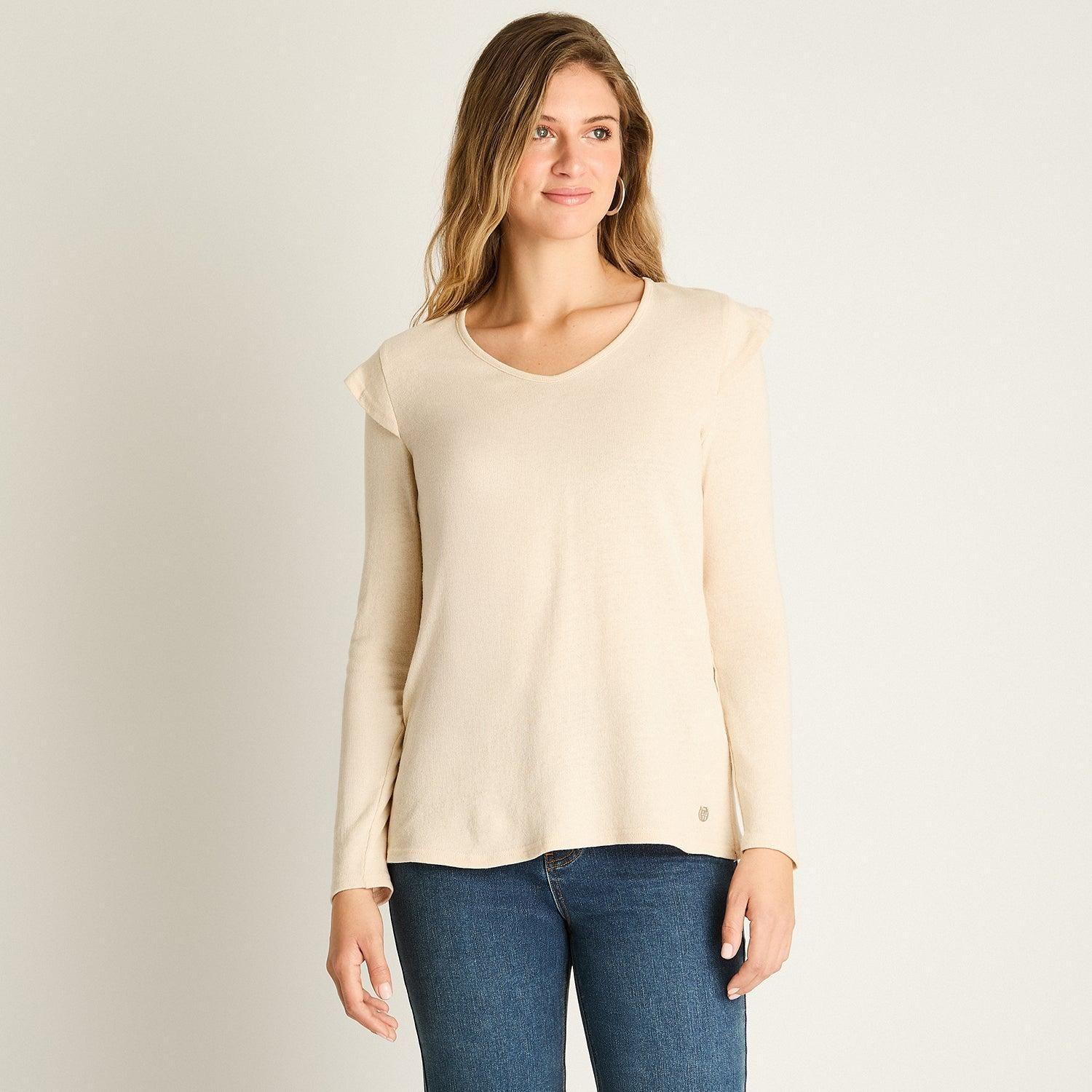 Polera Beige Manga Larga Baja elasticidad Sin Forro Calce Normal-0