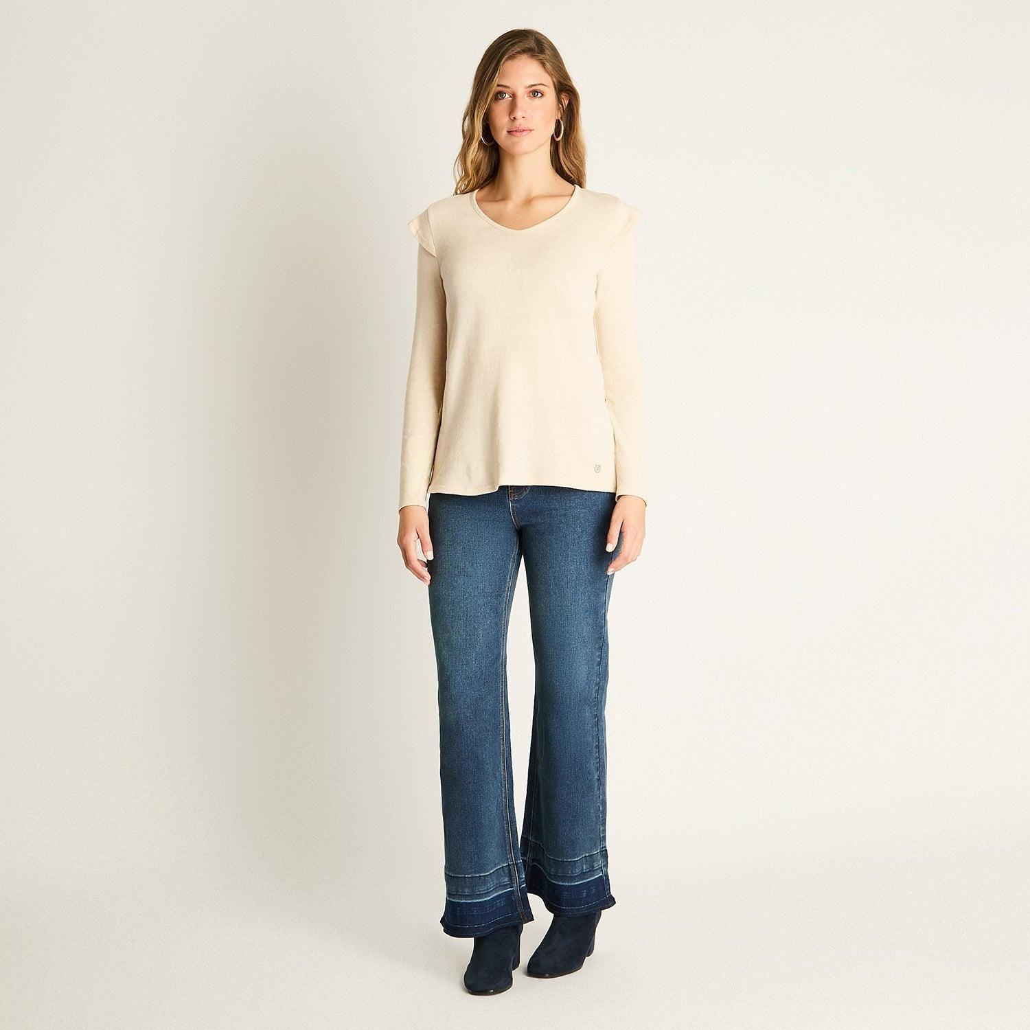 Polera Beige Manga Larga Baja elasticidad Sin Forro Calce Normal-3