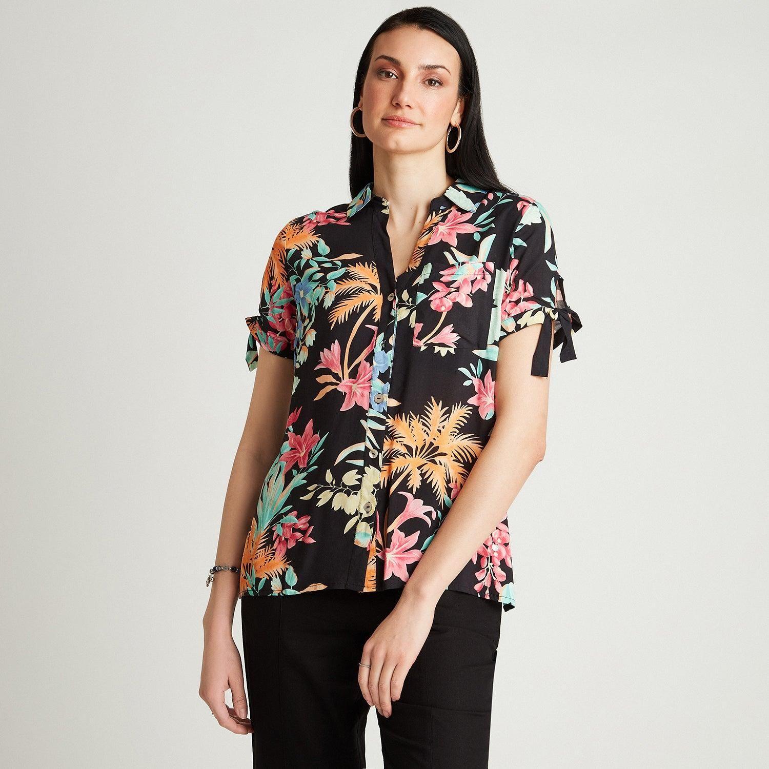 Blusa Negro Manga Corta Estampado Cuello Camisero-0