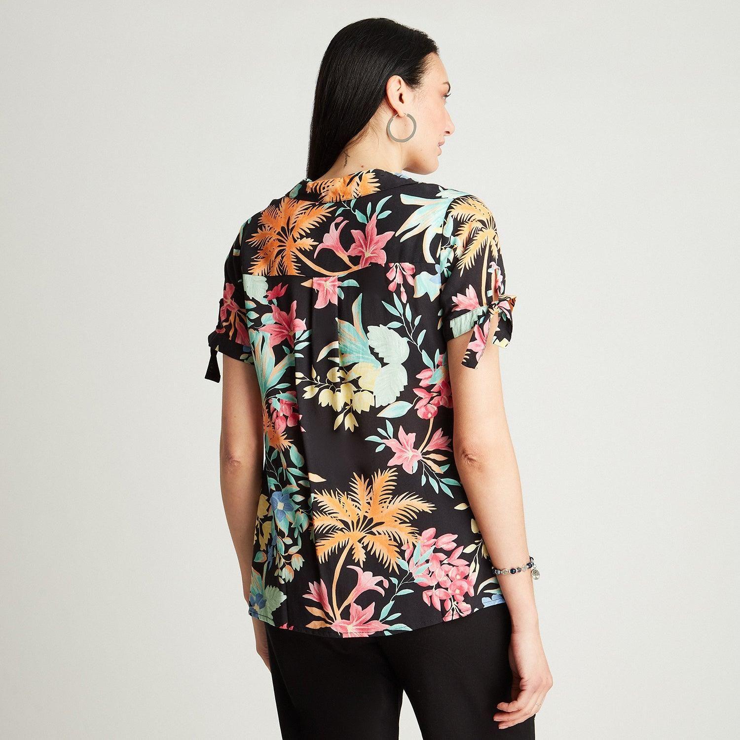 Blusa Negro Manga Corta Estampado Cuello Camisero-1
