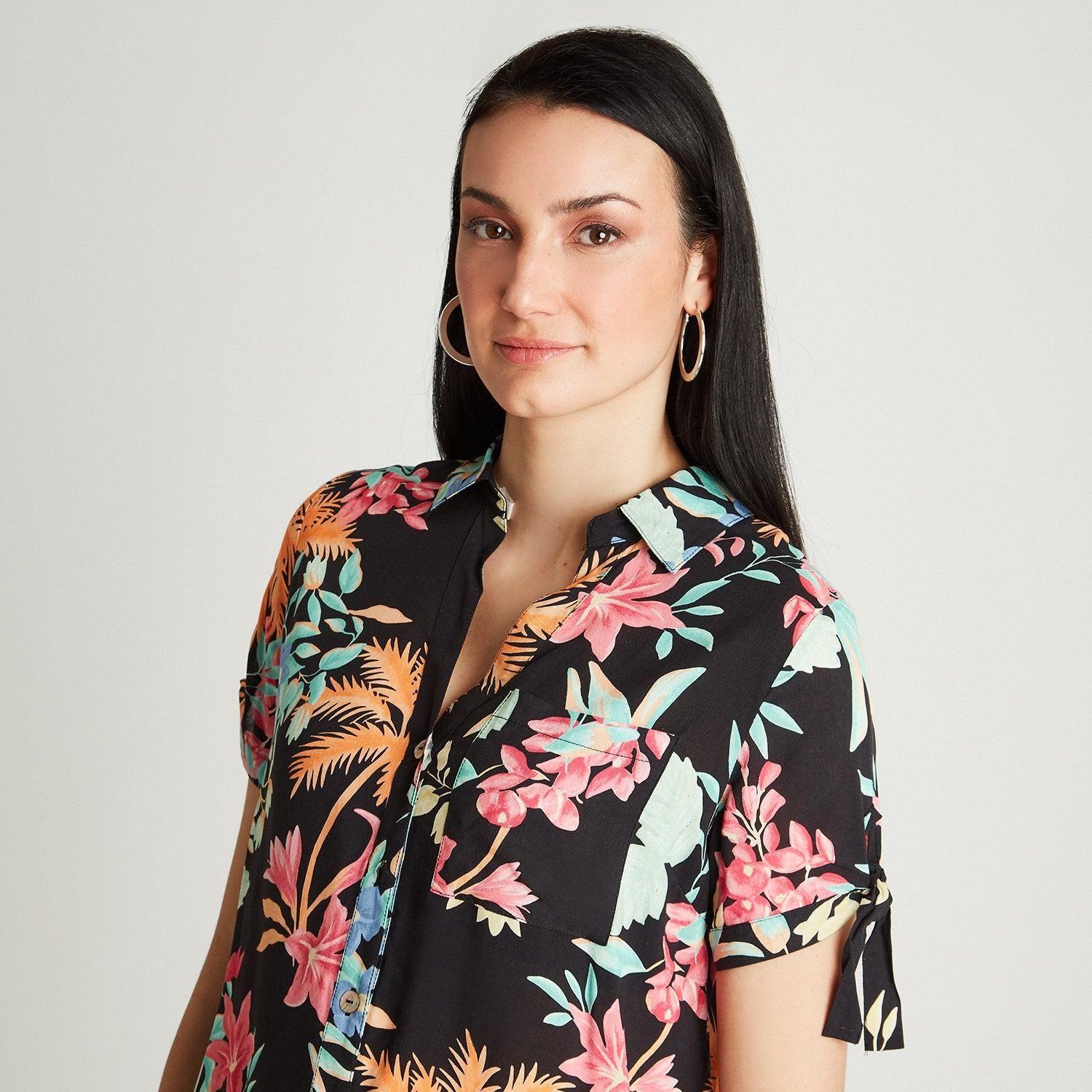 Blusa Negro Manga Corta Estampado Cuello Camisero-2