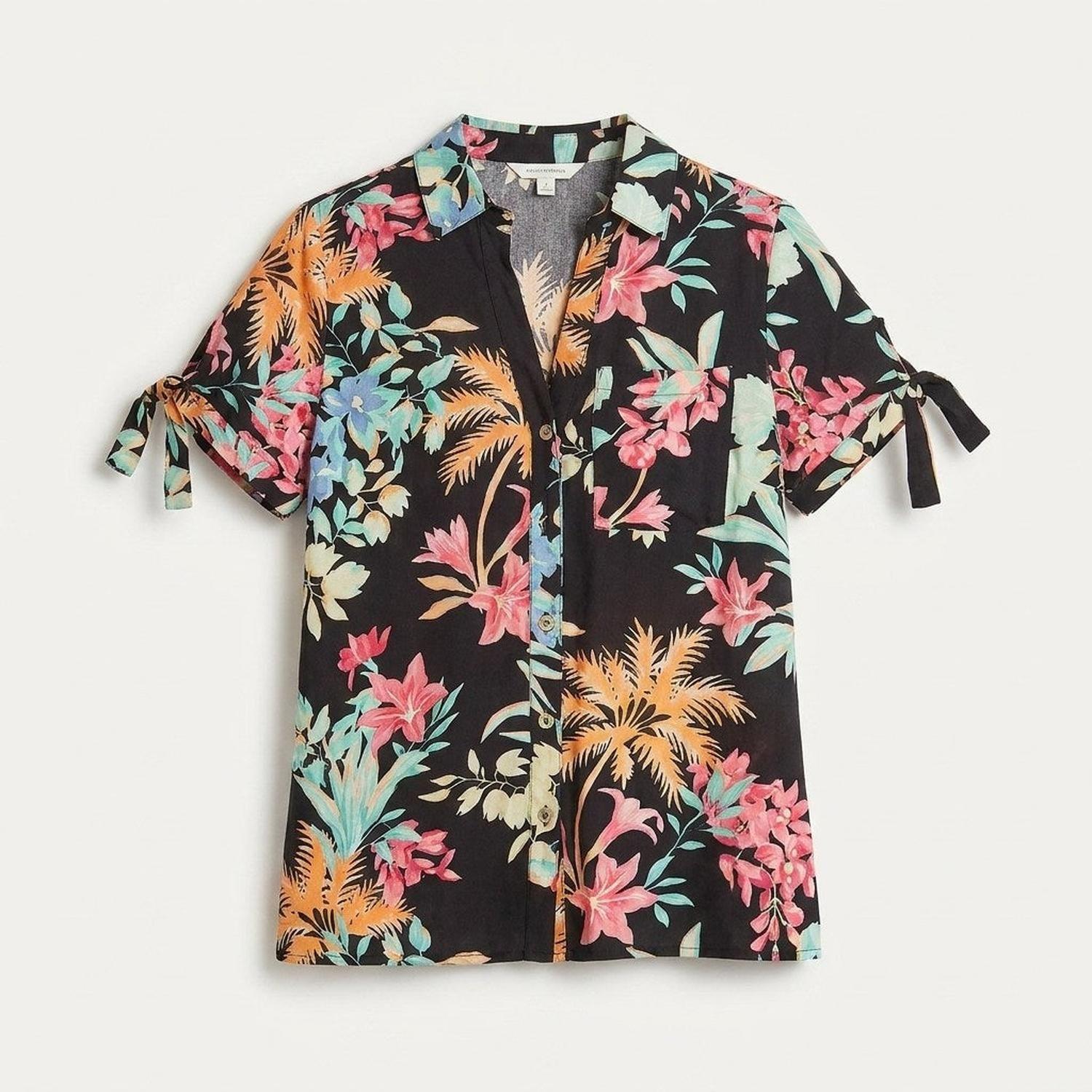 Blusa Negro Manga Corta Estampado Cuello Camisero-4