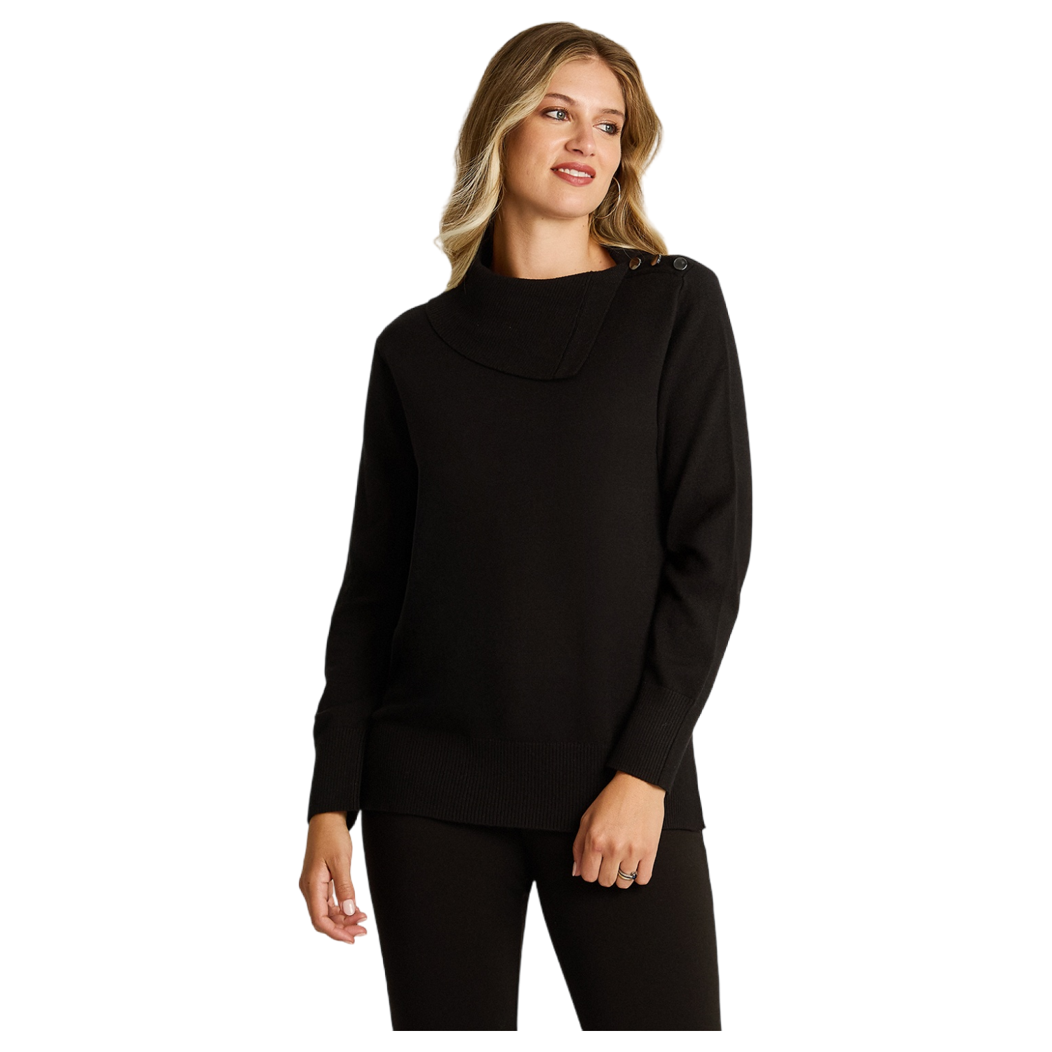 Sweater Negro con Cuello Asimétrico y Botones en Hombro en Tejido-0