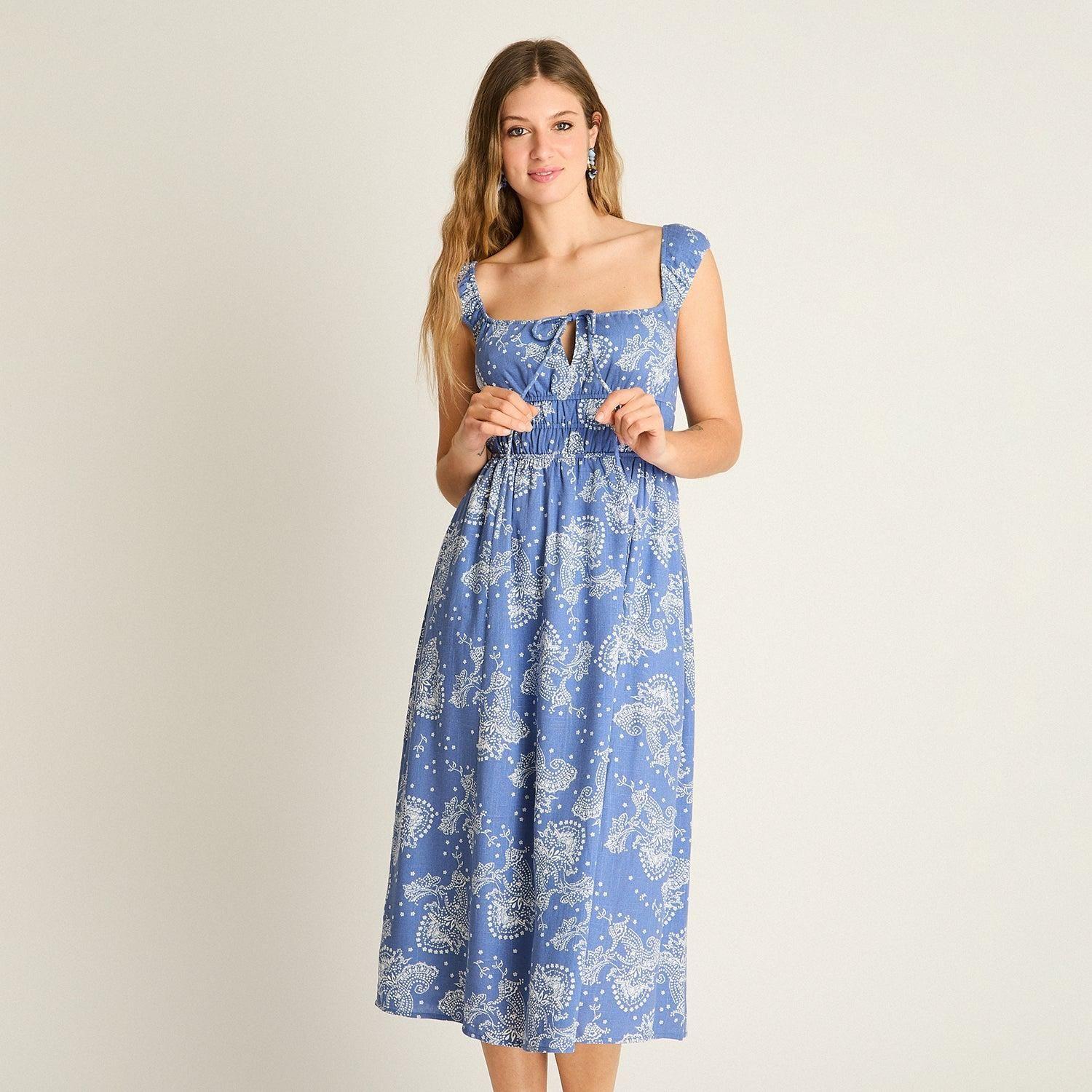 Vestido Midi Azul Estampado Mediterráneo-0