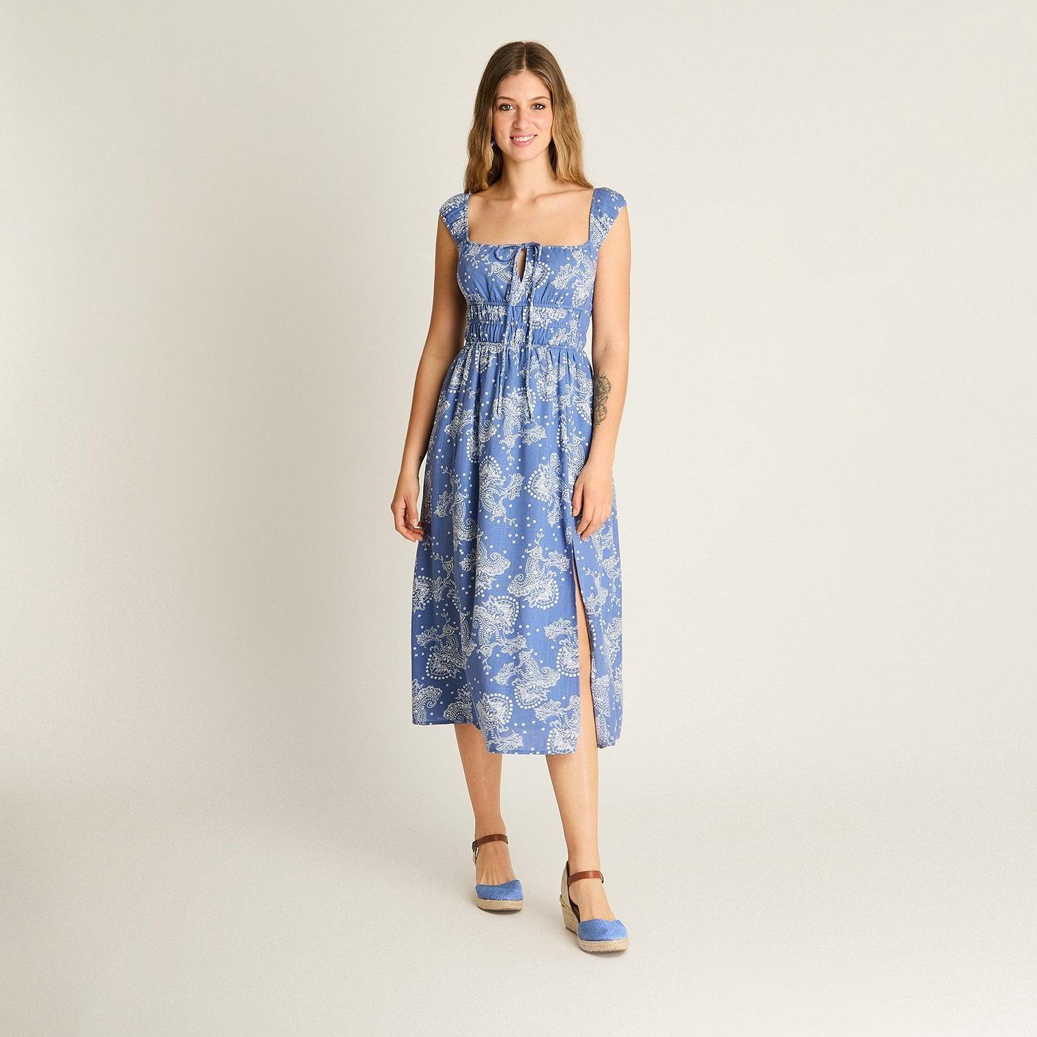 Vestido Midi Azul Estampado Mediterráneo-3