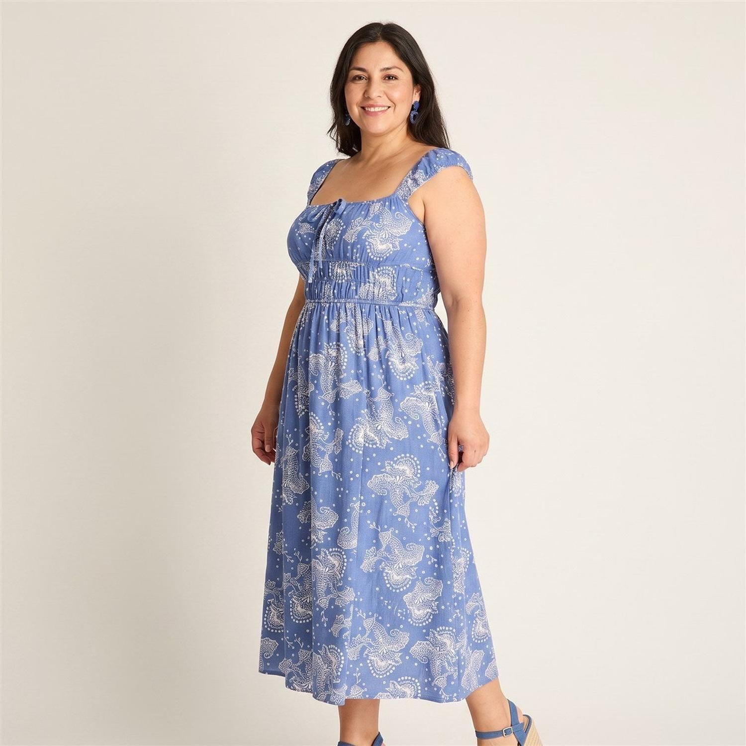 Vestido Midi Azul Estampado Mediterráneo-1
