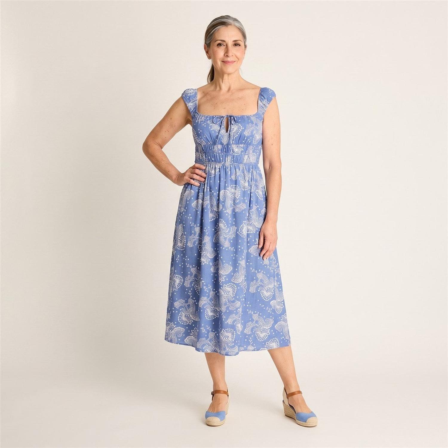 Vestido Midi Azul Estampado Mediterráneo-2