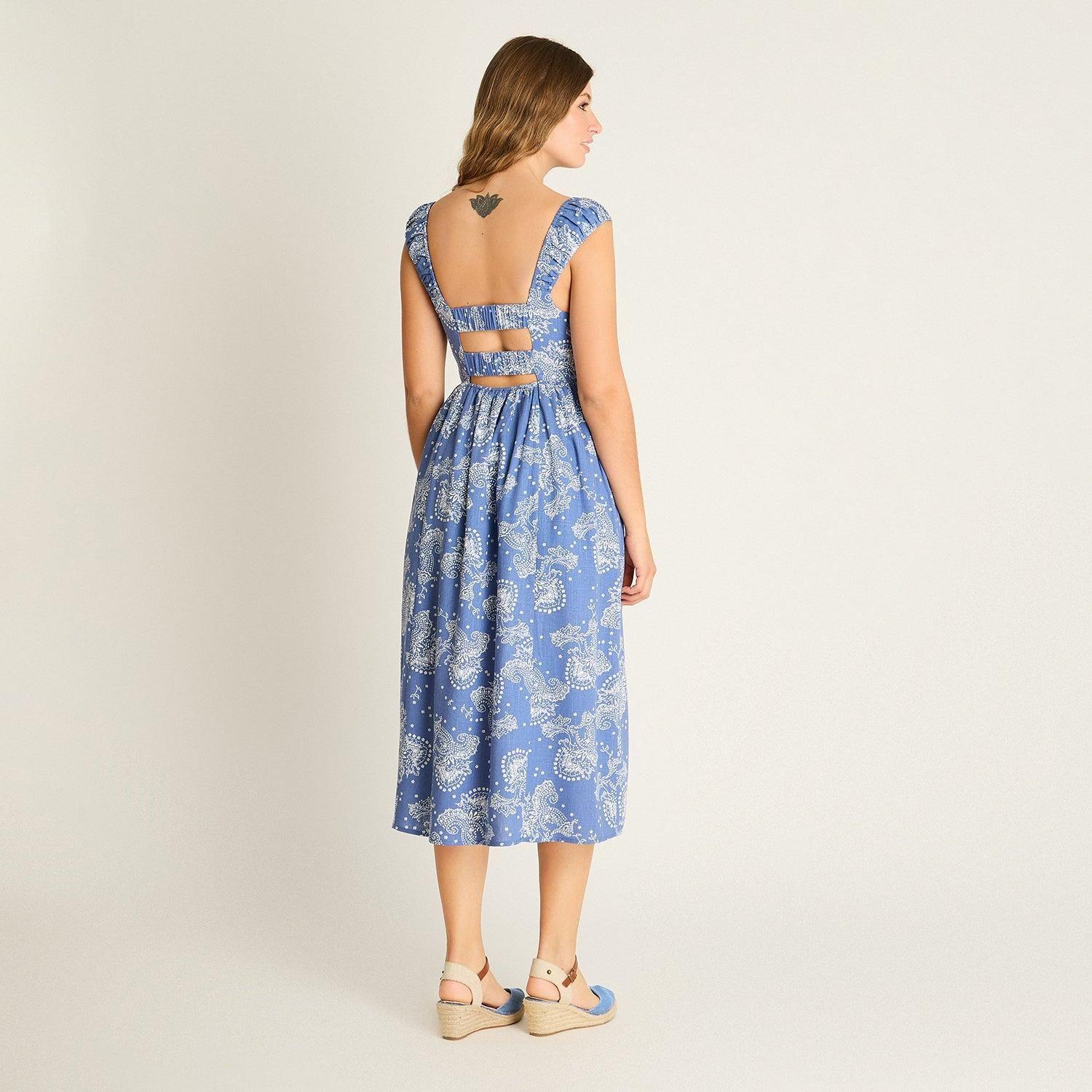 Vestido Midi Azul Estampado Mediterráneo-3