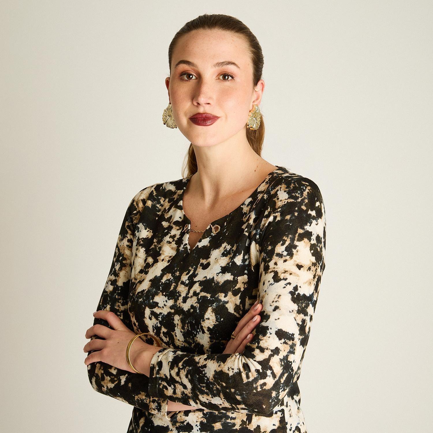 Vestido Midi Negro de Lanilla Estampado Manga Larga-2