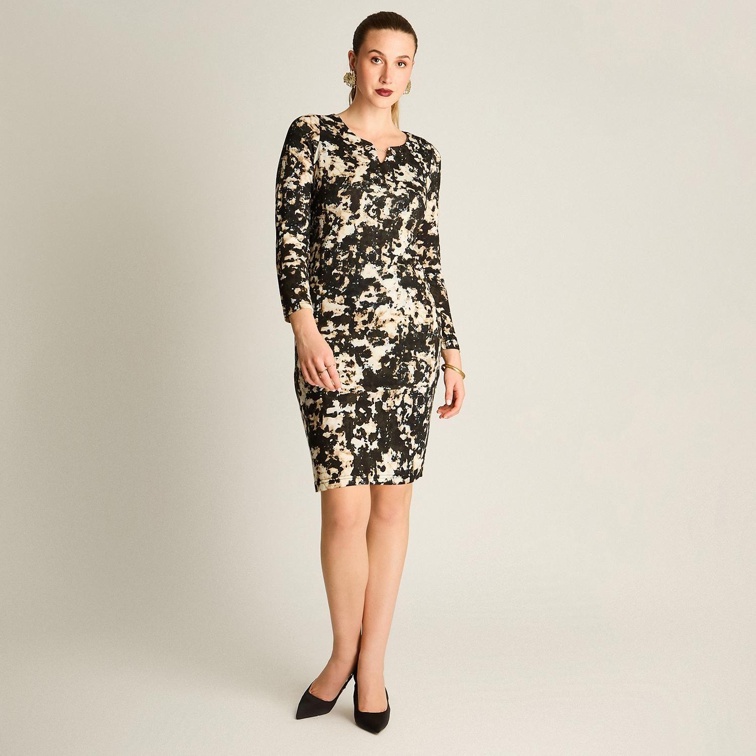 Vestido Midi Negro de Lanilla Estampado Manga Larga-3