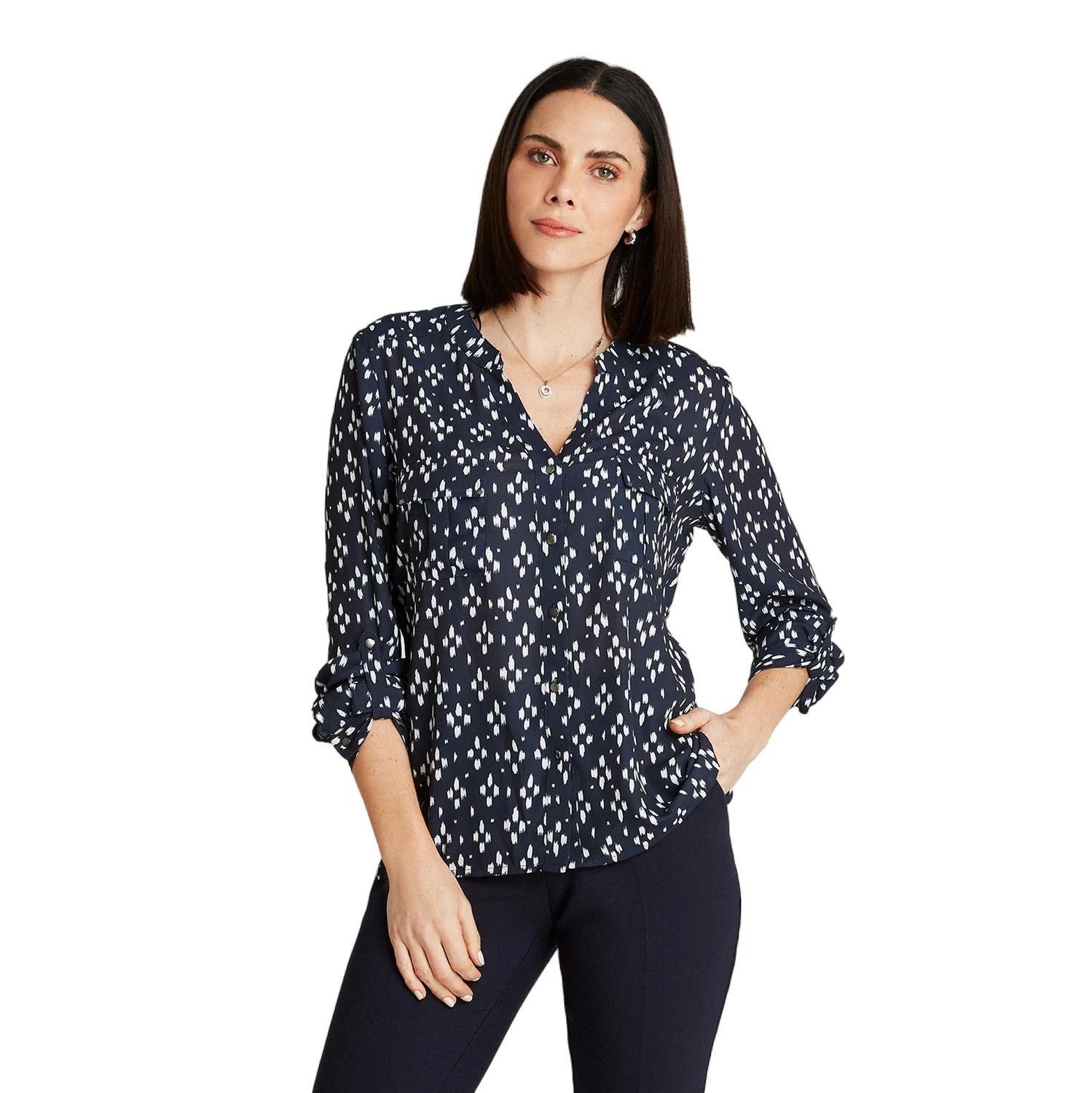 Blusa Blanco Manga Larga Estampado Cuello Mao-0
