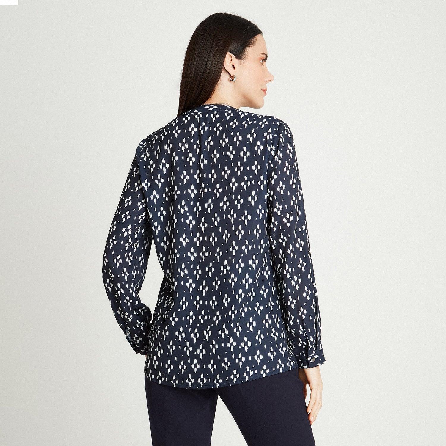 Blusa Blanco Manga Larga Estampado Cuello Mao-1