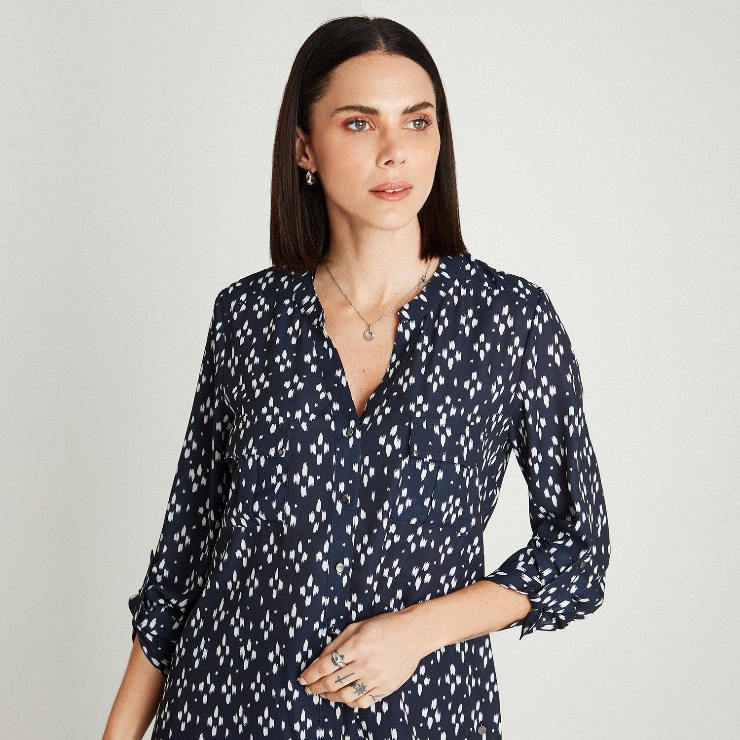 Blusa Blanco Manga Larga Estampado Cuello Mao-2
