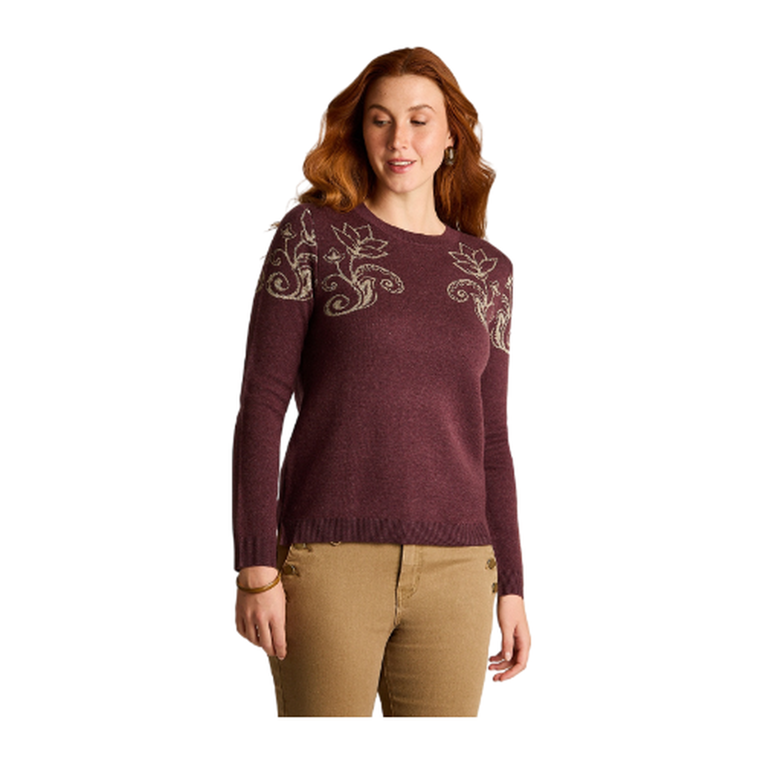 Sweater Burdeo con Estampado Floral Dorado en Hombros en Tejido-0